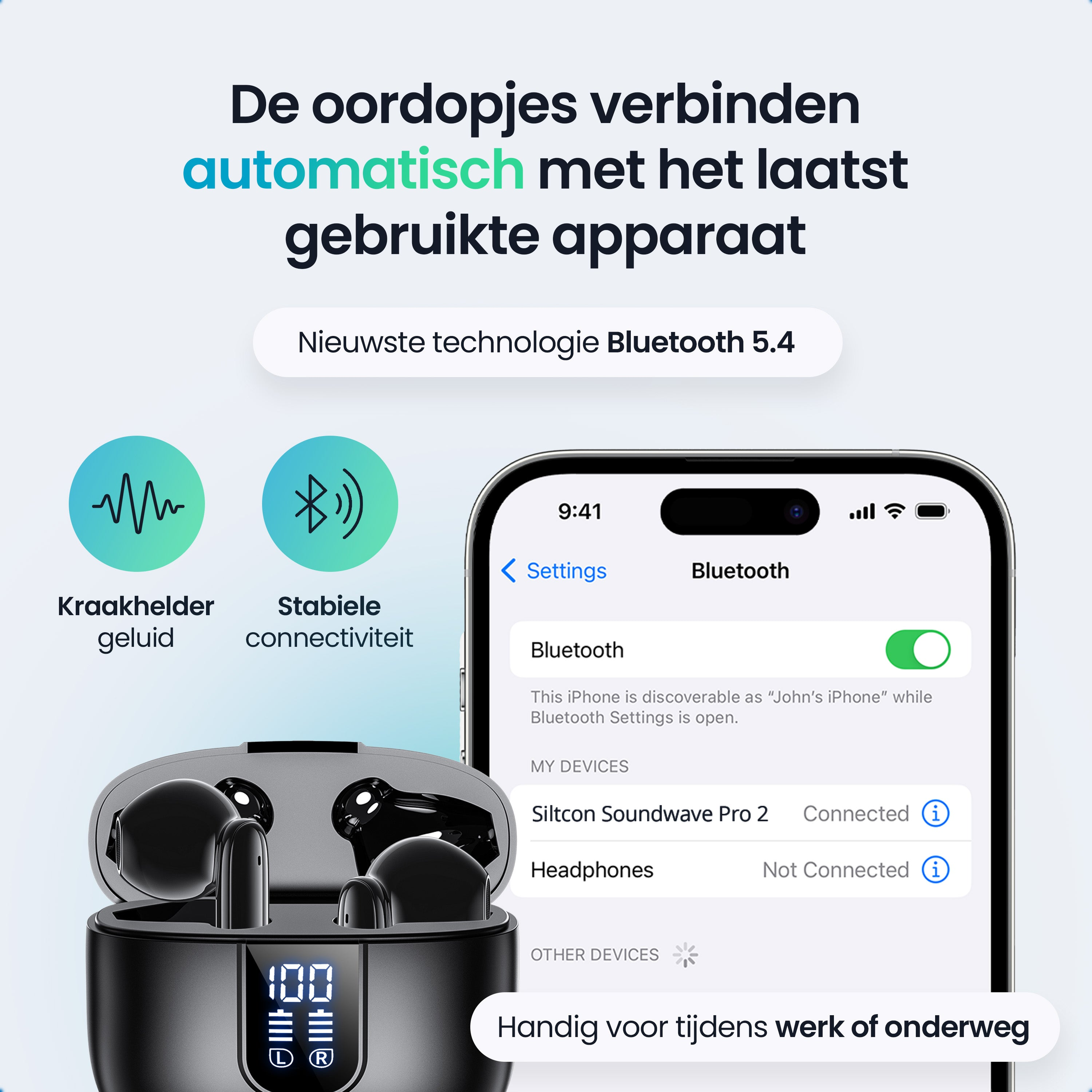 Earbuds automatically connect to the last used device. iPhone shows Bluetooth settings.