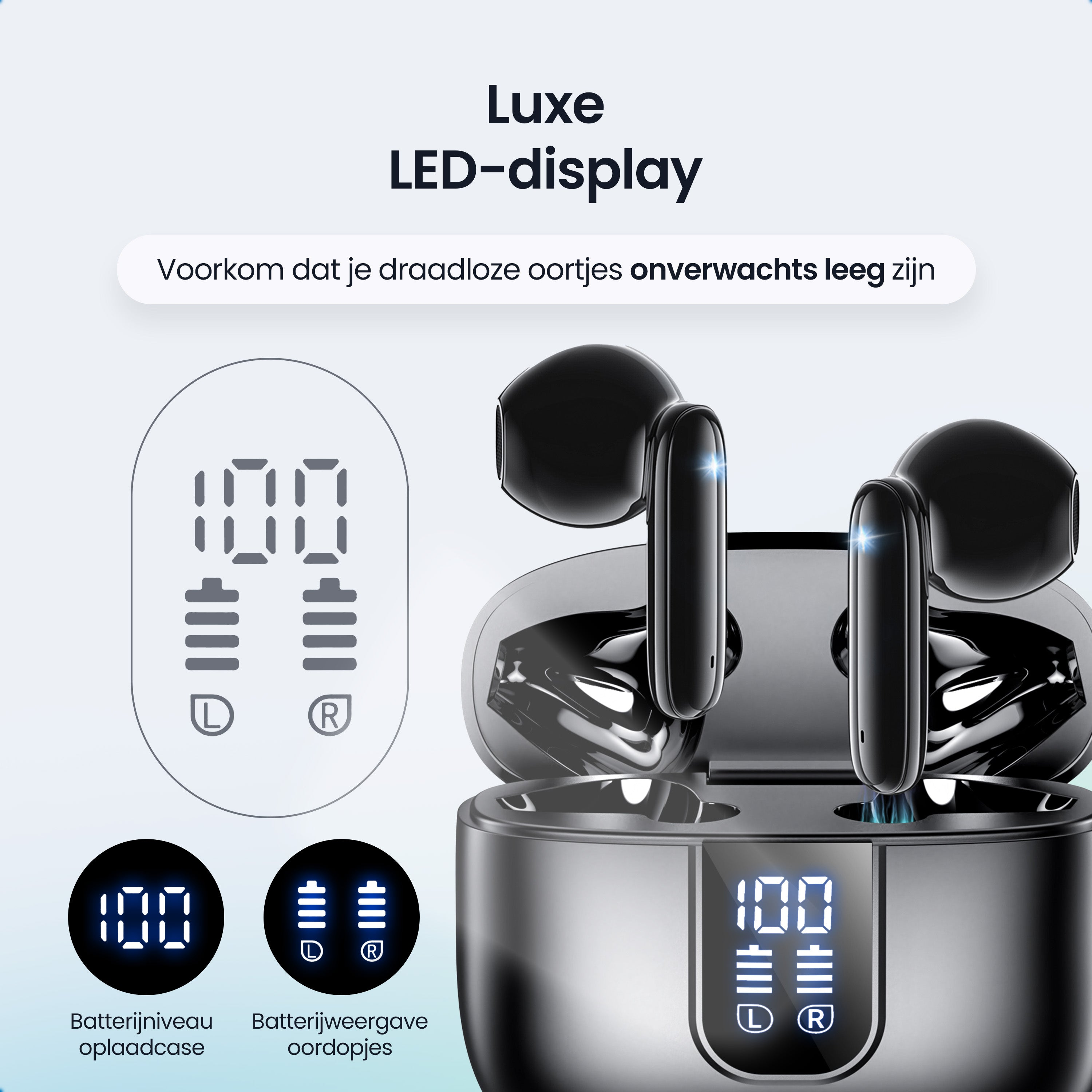 Black wireless earbuds in charging case with LED displays for battery life.