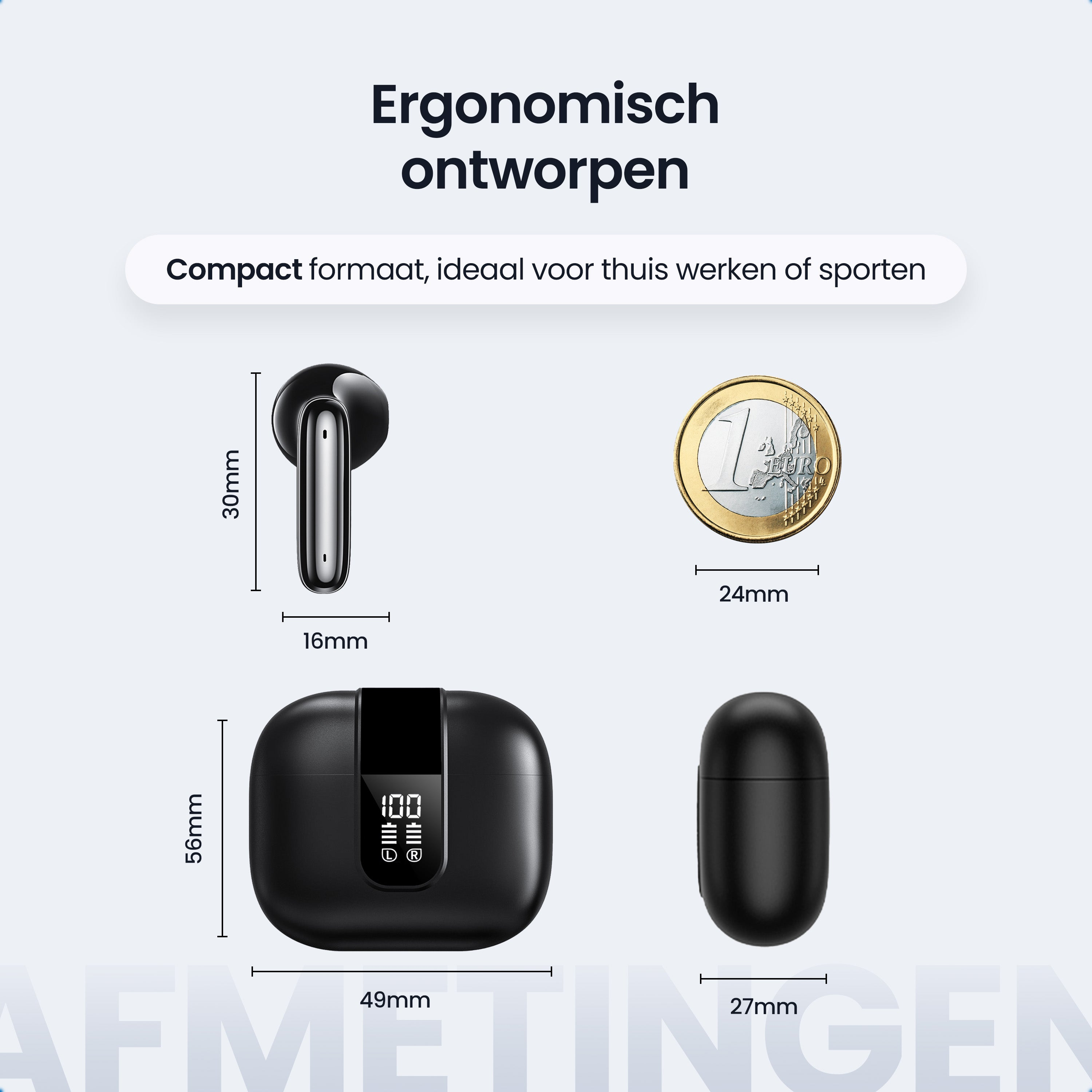 Three black earbuds and a Euro coin with dimensions shown.