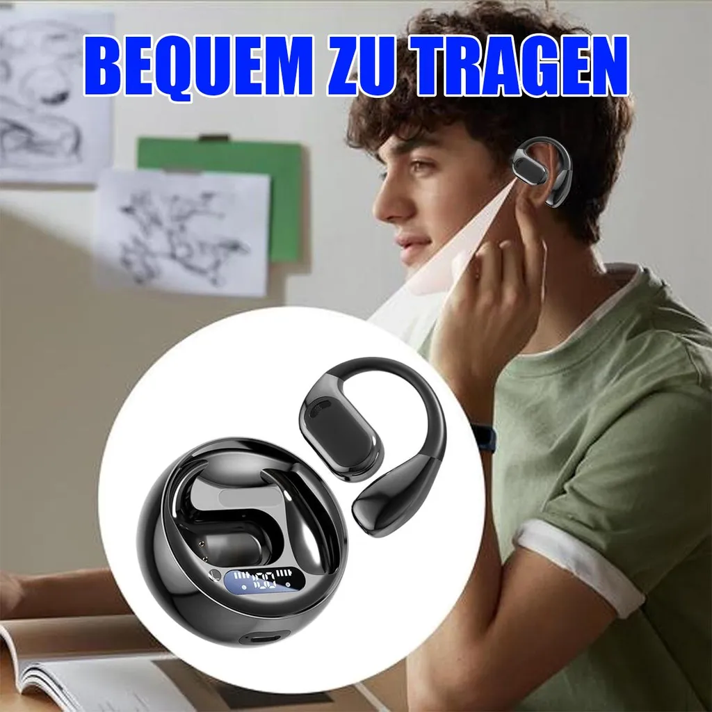 Mann mit kabellosen Ohrhörern, Ladecase daneben. Blaue Schrift: BEQUEM ZU TRAGEN.