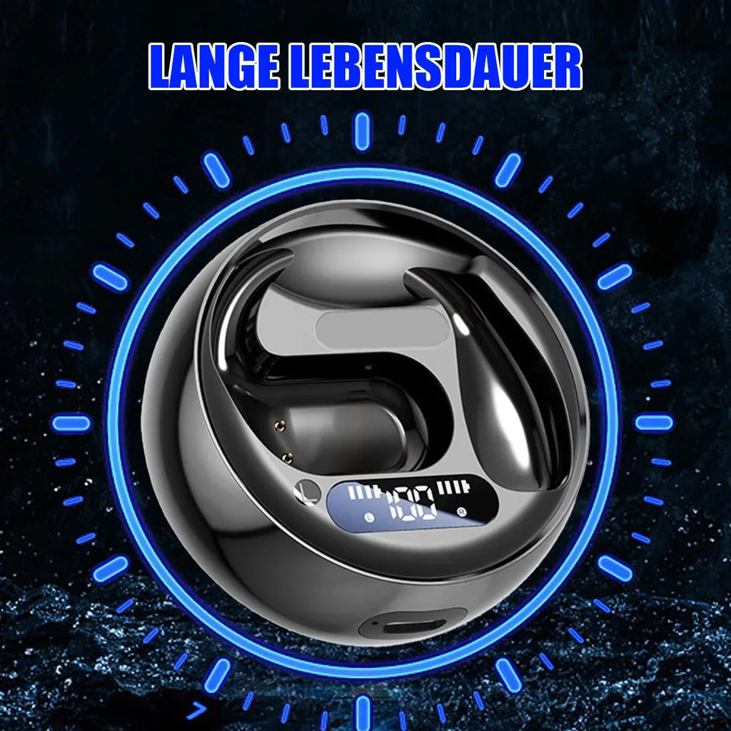 Schwarzes Ladeetui für kabellose Ohrhörer mit digitaler Anzeige, umgeben von blauen Lichtern.