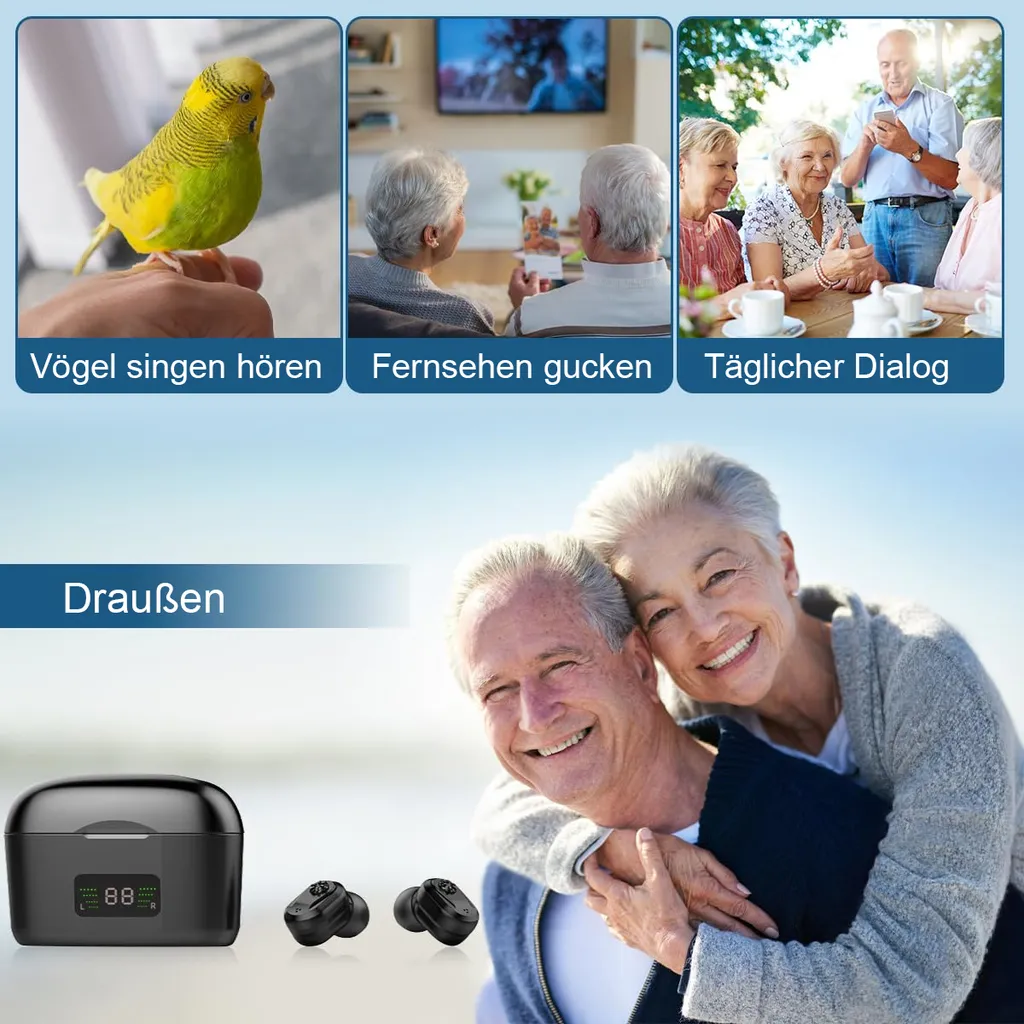 Ein Sittich sitzt auf einer Hand, ein Paar schaut Fernsehen, Leute reden, ein Paar umarmt sich und Ohrhörer.