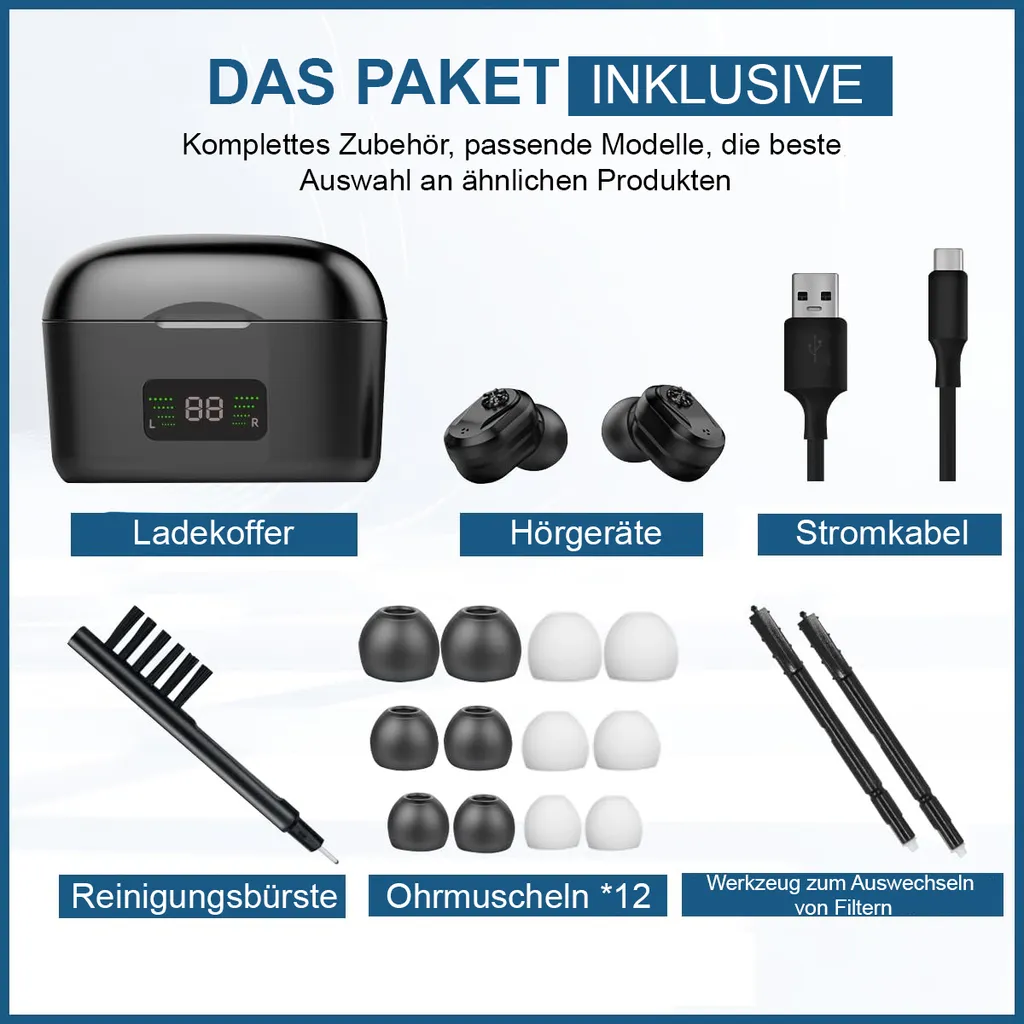 Das Paket beinhaltet Ladekoffer, Hörgeräte, Stromkabel, Bürste, Ohrstöpsel und Werkzeug.