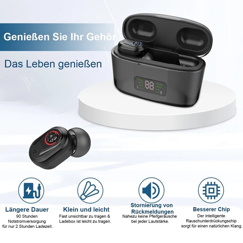 Schwarze kabellose Ohrhörer mit Ladecase, das eine digitale Anzeige hat.