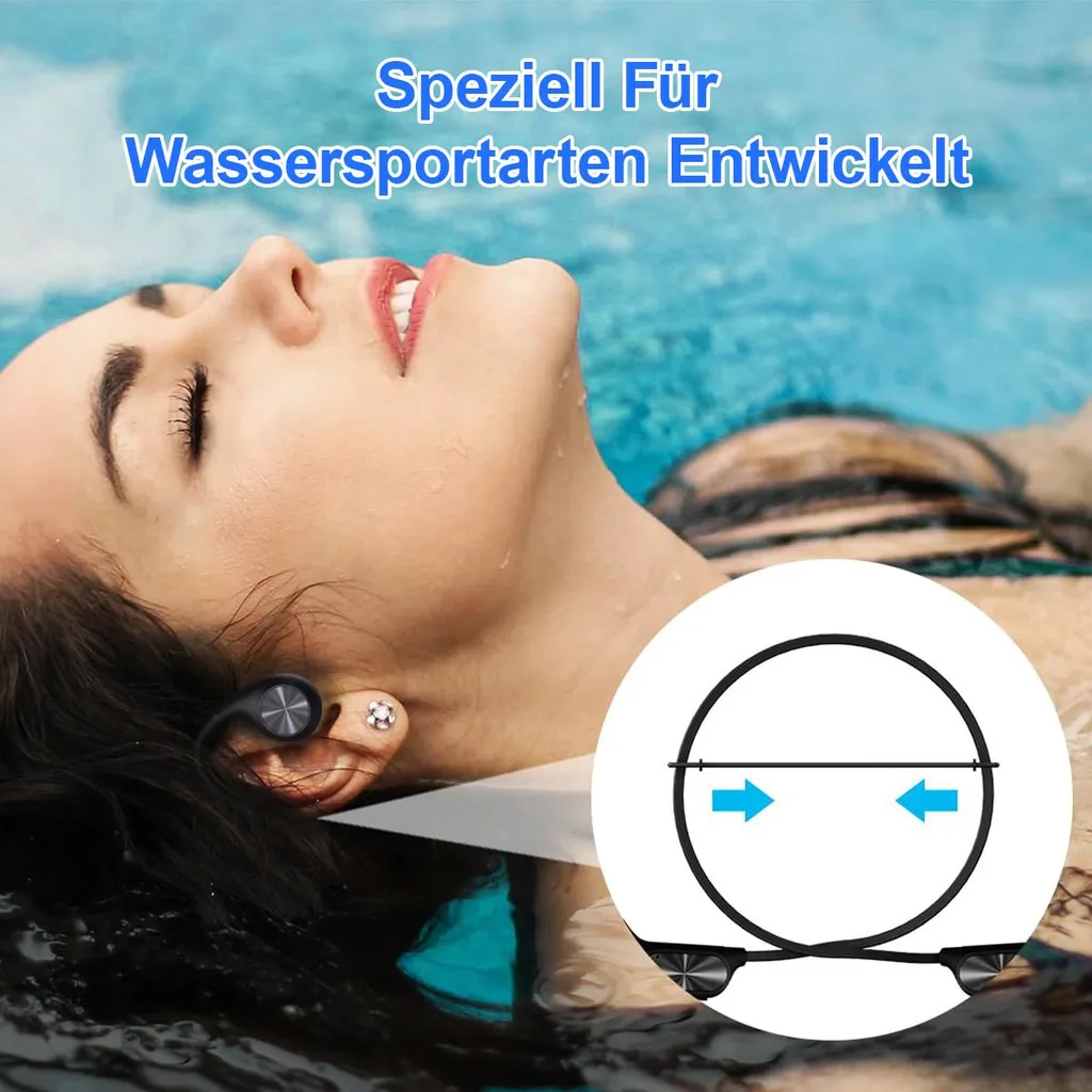 Frau mit Kopfhörern im Wasser, für Wassersport entwickelt.