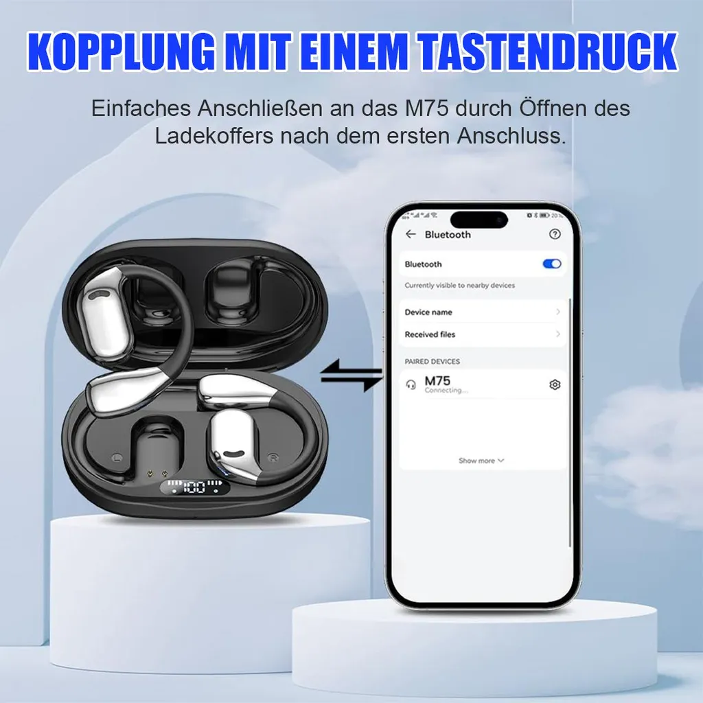 Ein schwarzes Ladecase mit weißen Ohrhörern und ein Smartphone mit Bluetooth-Einstellungen.