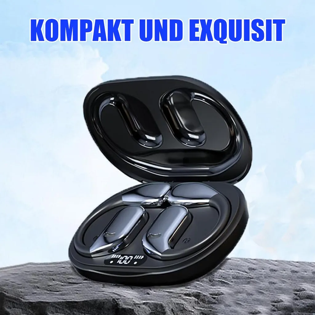 Schwarzes Ladecase mit vier Kopfhörern, digitale Anzeige 100%, Himmel im Hintergrund.