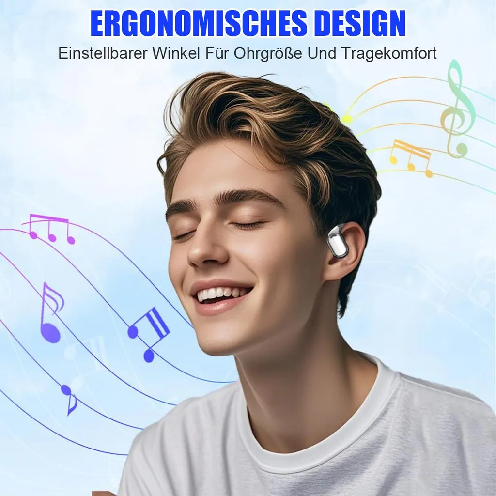 Ein junger Mann mit geschlossenen Augen, der ein schnurloses Headset trägt, mit Noten.