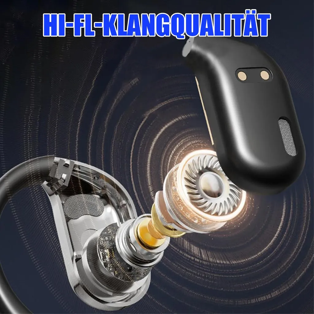 Nahaufnahme von Ohrhörer-Komponenten mit Text 'HI-FI-KLANGQUALITÄT'.