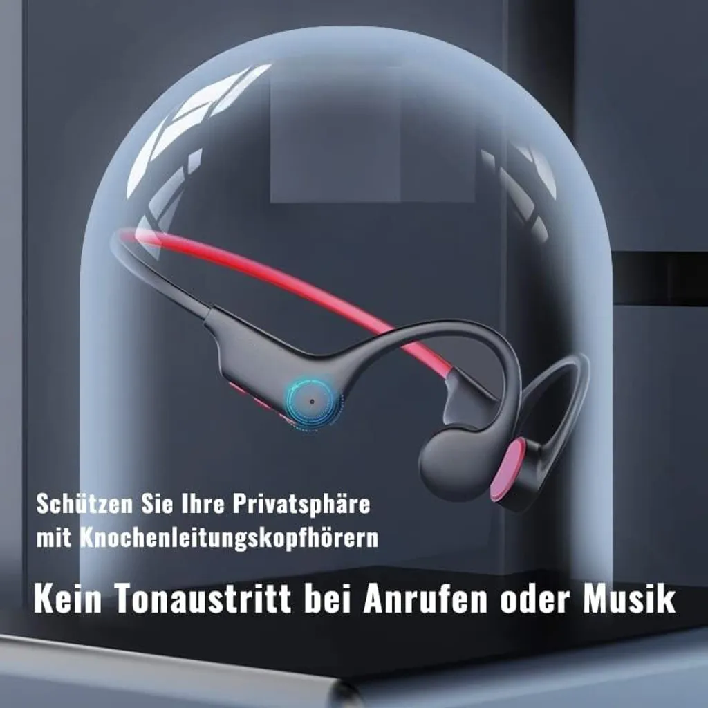 Schwarze Knochenschallkopfhörer mit rotem Akzent, unter einer Glaskuppel.