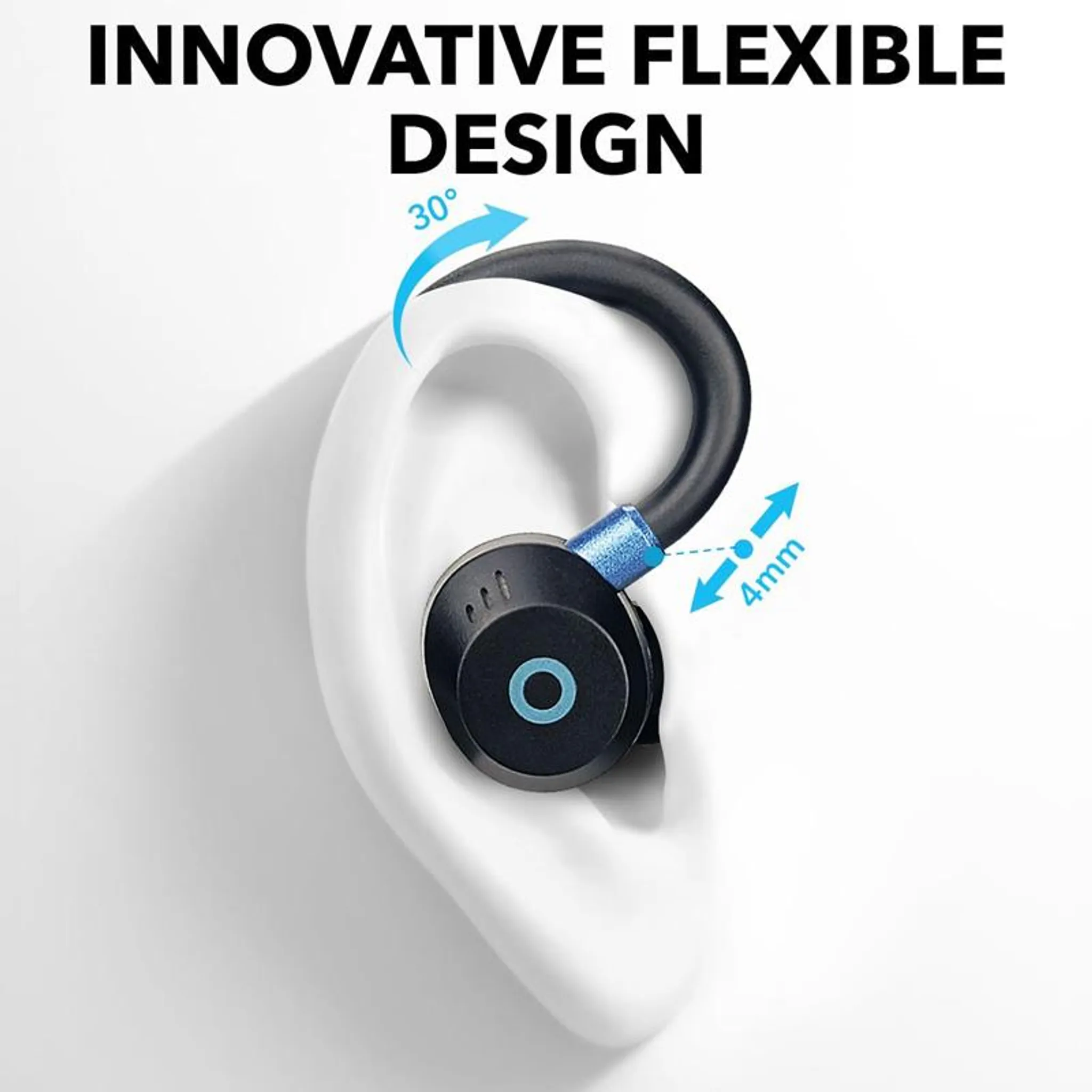 Schwarzer Ohrhörer mit blauen Akzenten in einem weißen Ohr. Text: INNOVATIVE FLEXIBLE DESIGN.