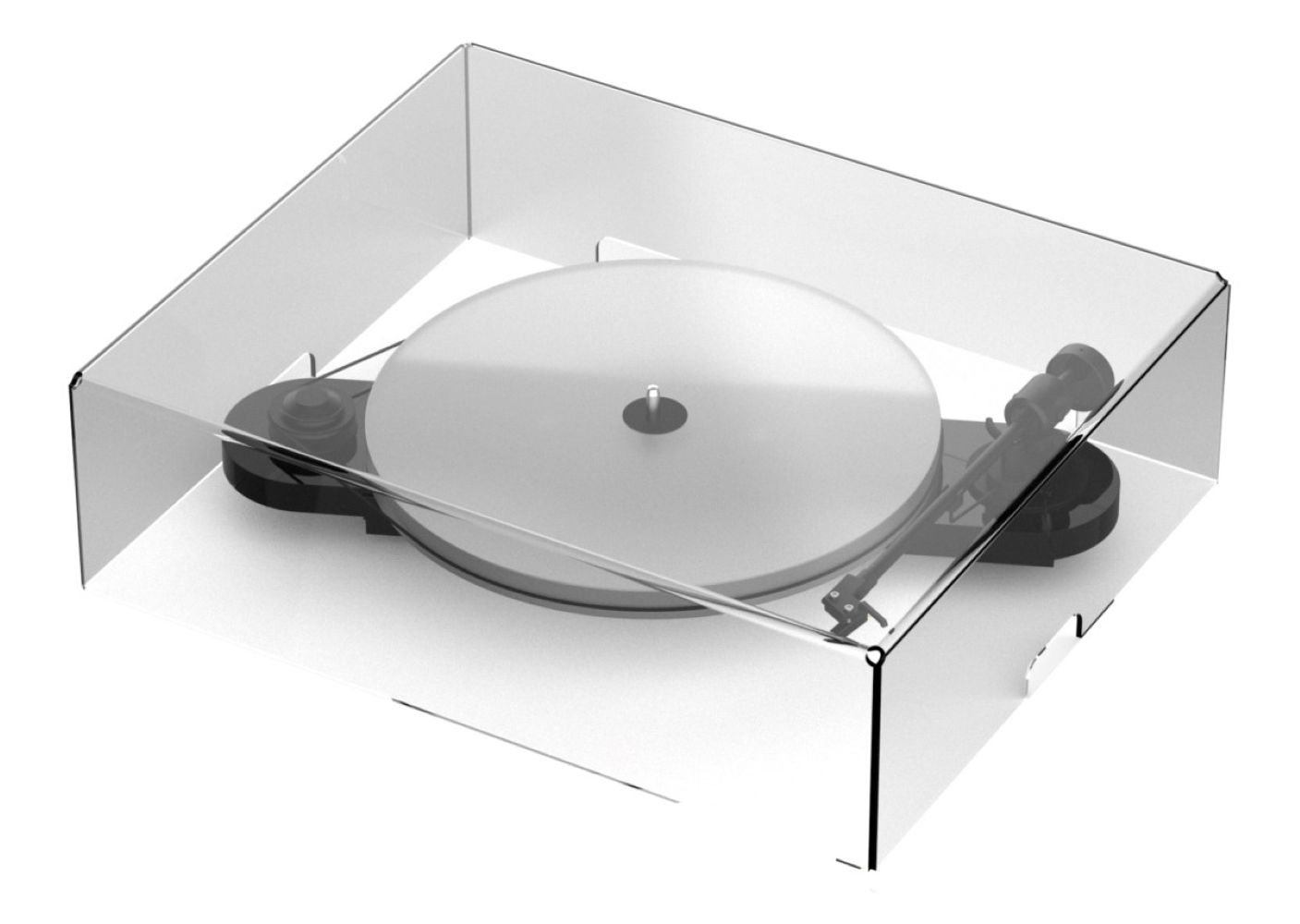 Przezroczysty gramofon z srebrnym talerzem i ramieniem.