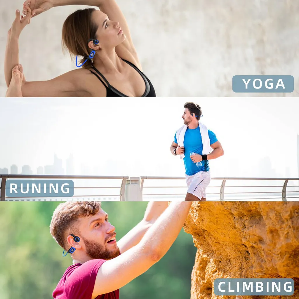 Frau beim Yoga, Mann beim Laufen, Mann beim Klettern.
