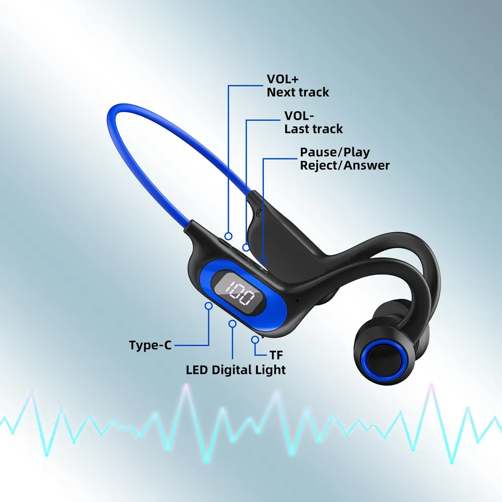 Schwarz-blaue Kopfhörer mit LED-Anzeige (100). Beschriftete Bedienelemente für Lautstärke, Titel, Wiedergabe/Pause.