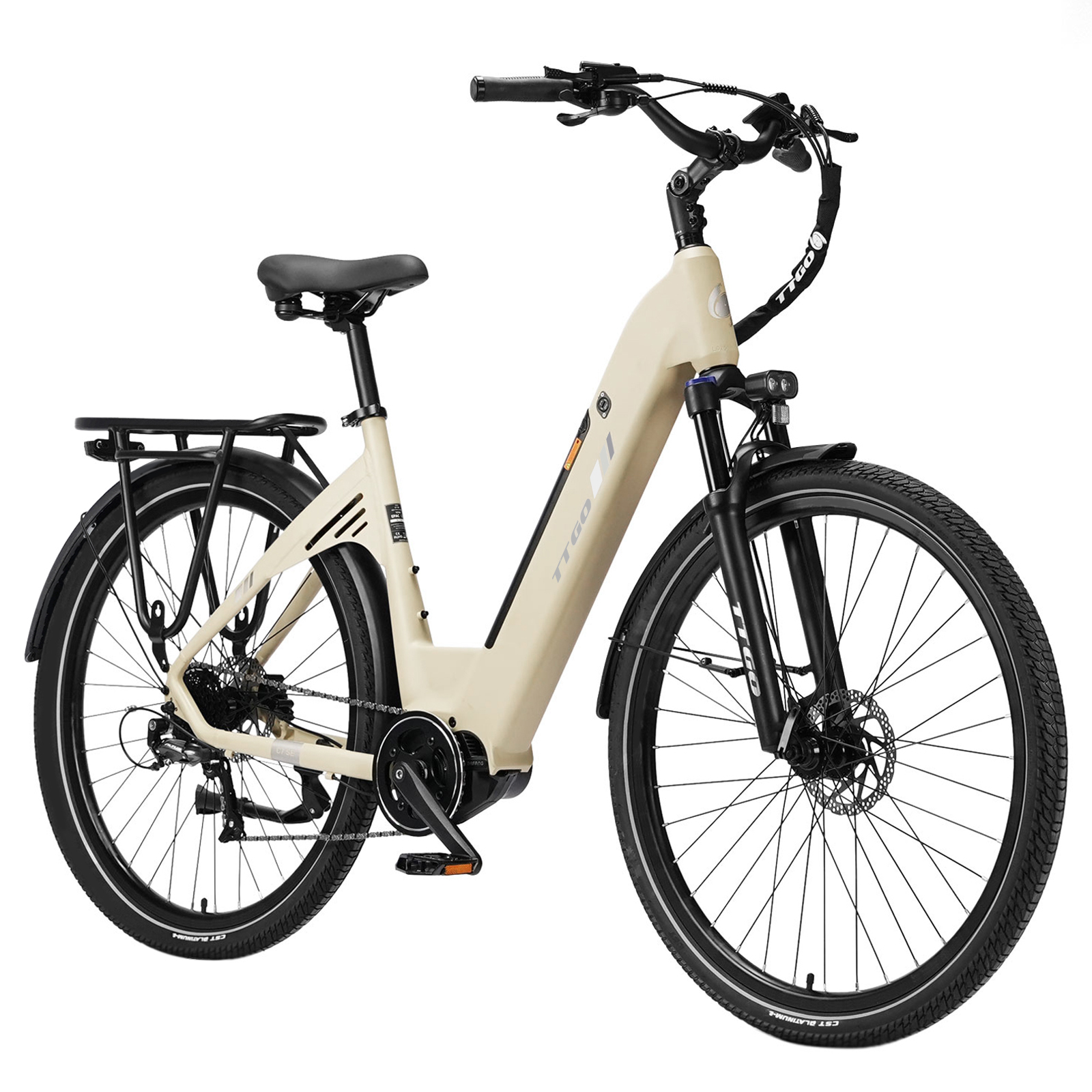 Beżowy rower elektryczny typu damka z bagażnikiem i błotnikami.