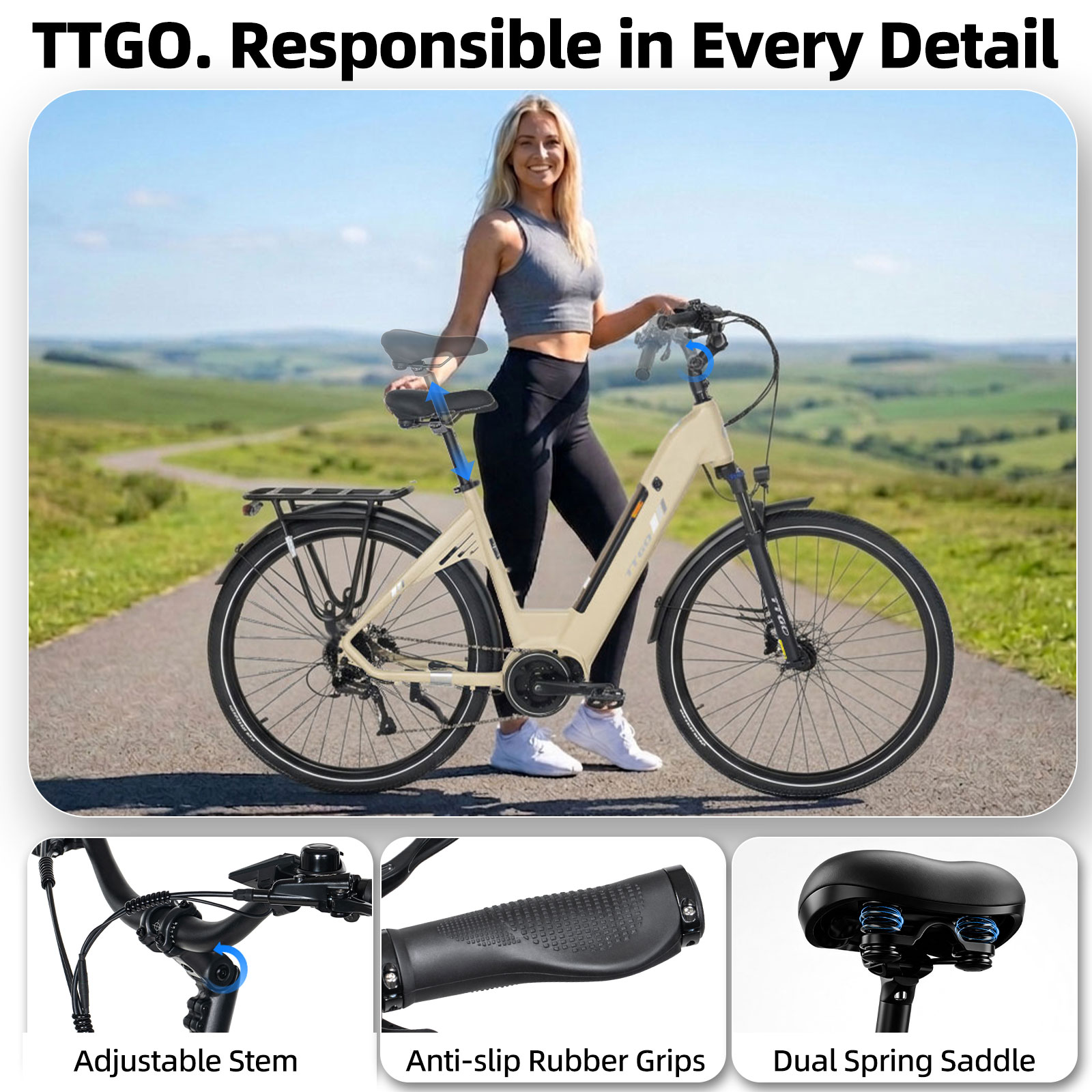 Kobieta z beżowym rowerem na drodze, trzy zbliżenia poniżej.