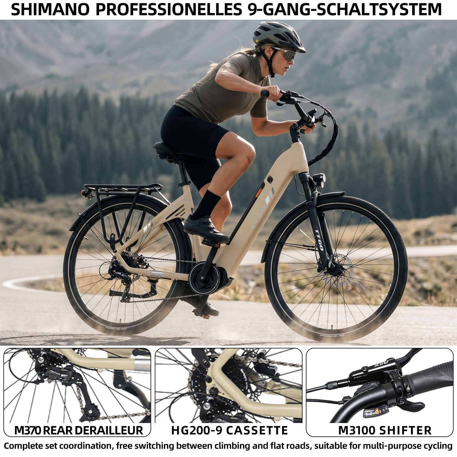 Kobieta jedzie beżowym rowerem elektrycznym w górzystym krajobrazie. Zbllżenia pokazują przerzutki i hamulce.