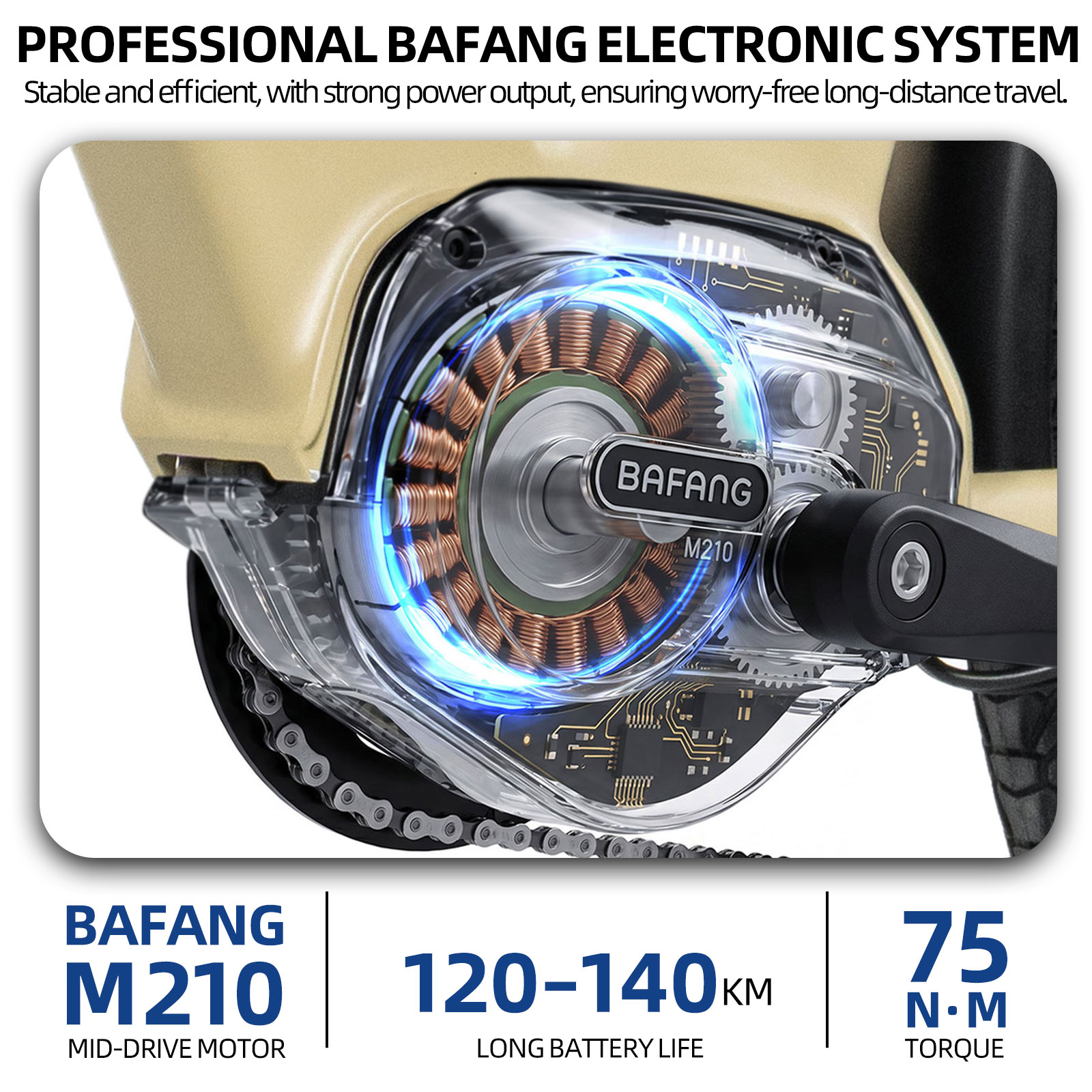 Zbliżenie silnika Bafang M210 z miedzianymi uzwojeniami i niebieskimi światłami.