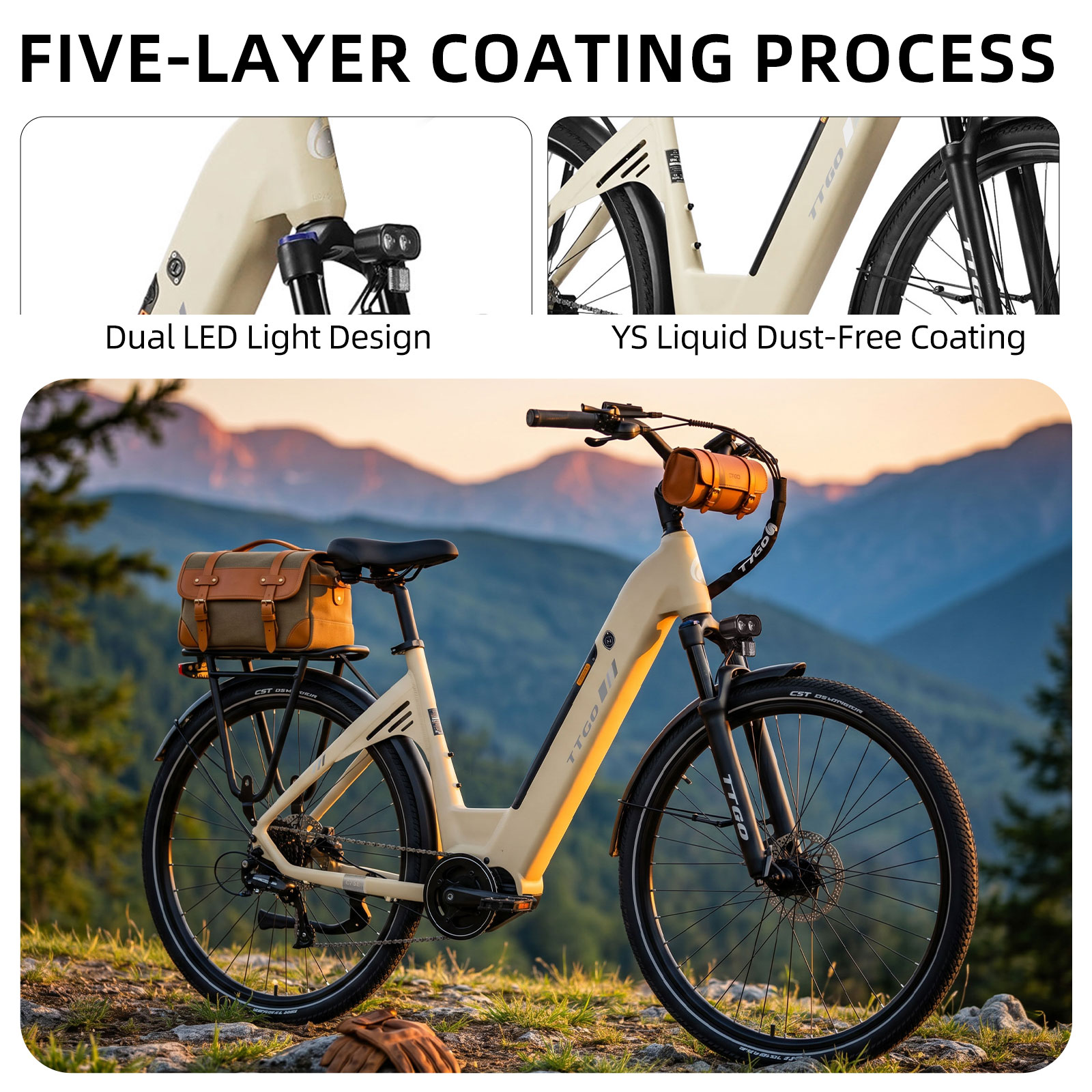 Beżowy e-rower z sakwami stoi w górzystym krajobrazie o zachodzie słońca.