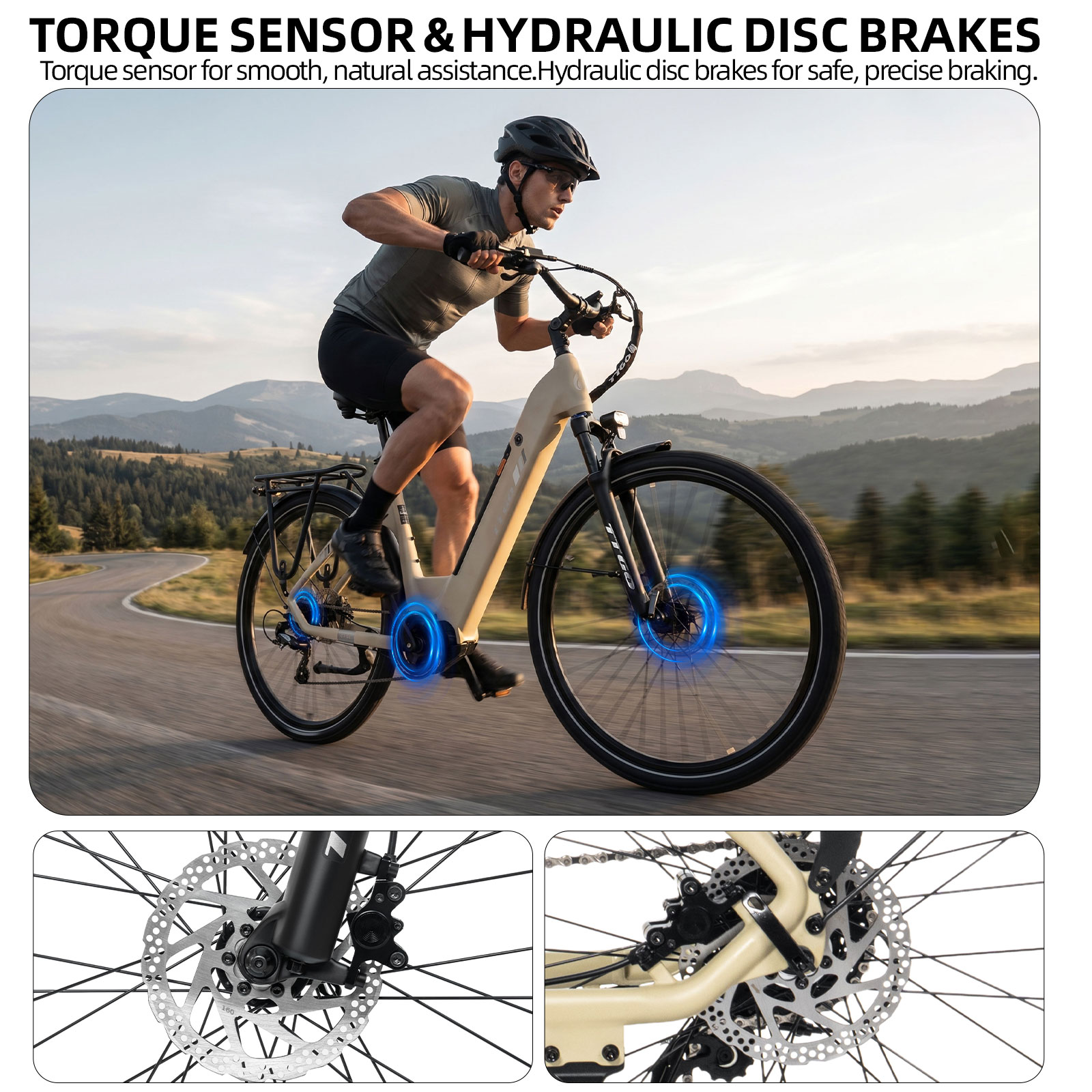 Mężczyzna jedzie jasno beżowym rowerem elektrycznym po krętej drodze z górami w tle.