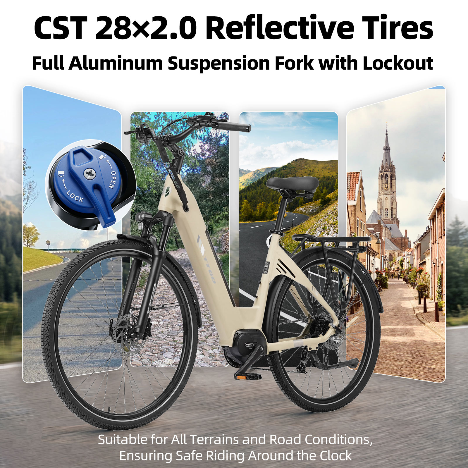 Beżowa rama roweru z czarnymi oponami, widelcem i kierownicą. Kolaż z krajobrazami.