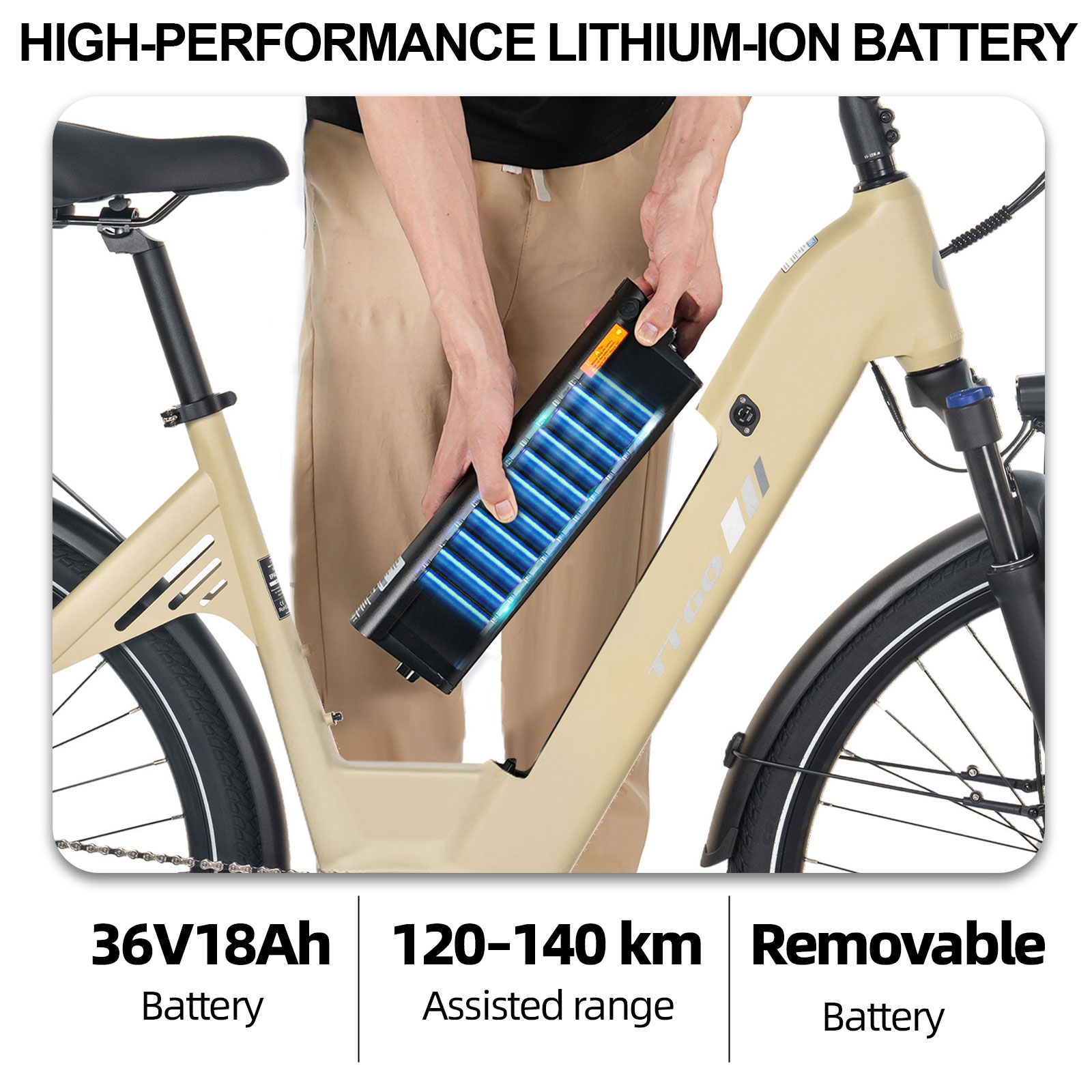 Osoba wyjmuje wyjmowany akumulator z beżowego roweru elektrycznego.