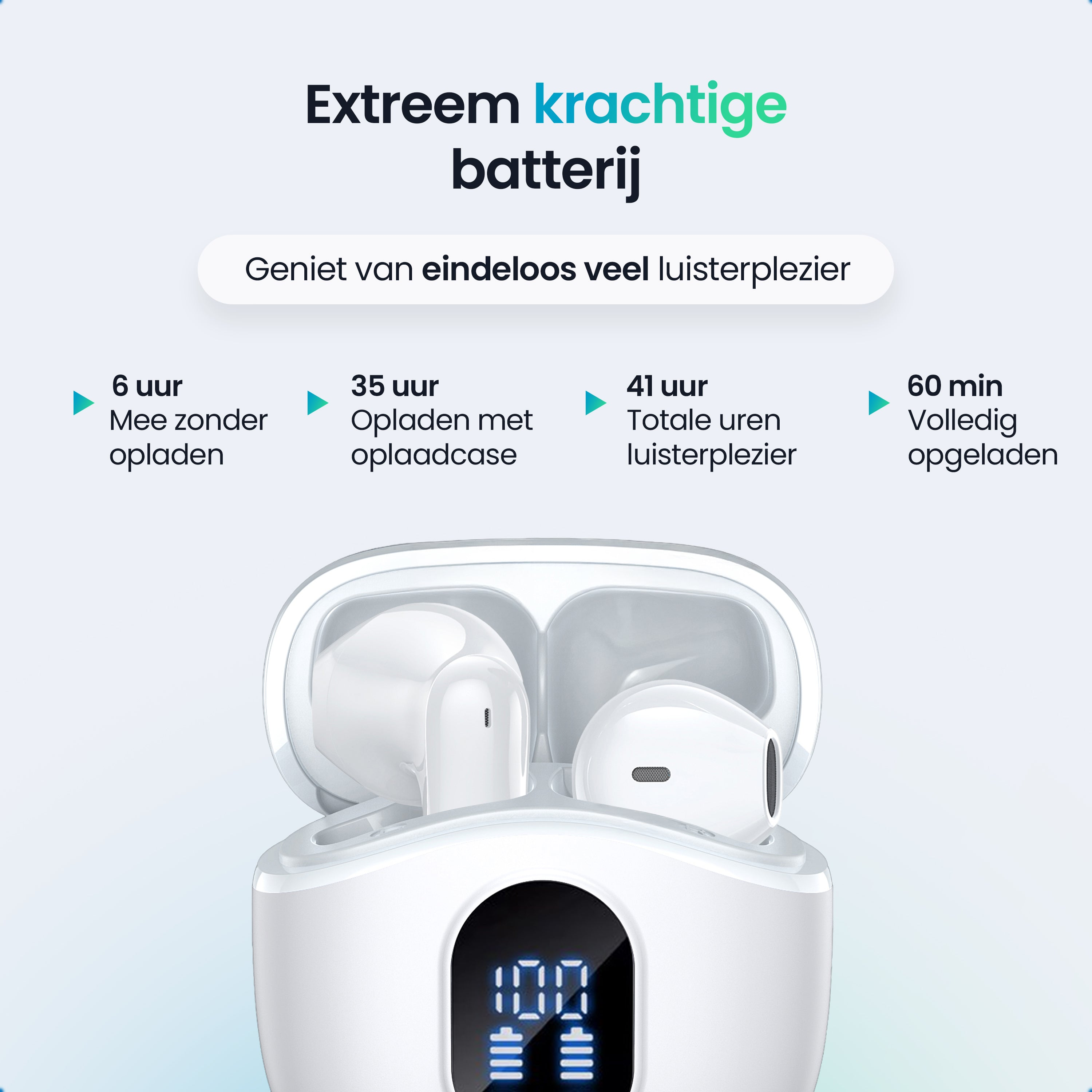 Witte draadloze oordopjes in een oplaadcase met digitale weergave.