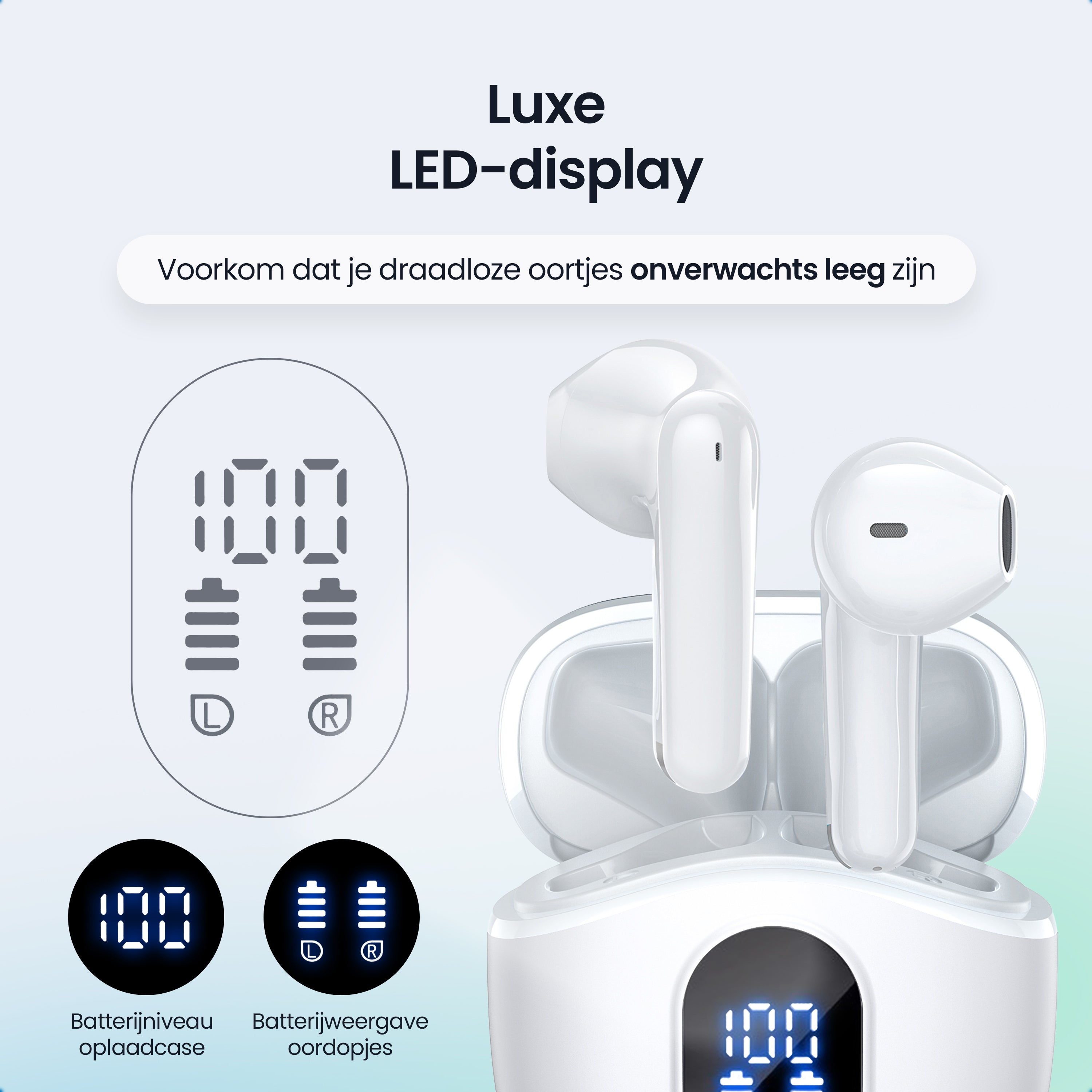 Witte draadloze oortjes in een oplaadcase met LED batterij-indicator.