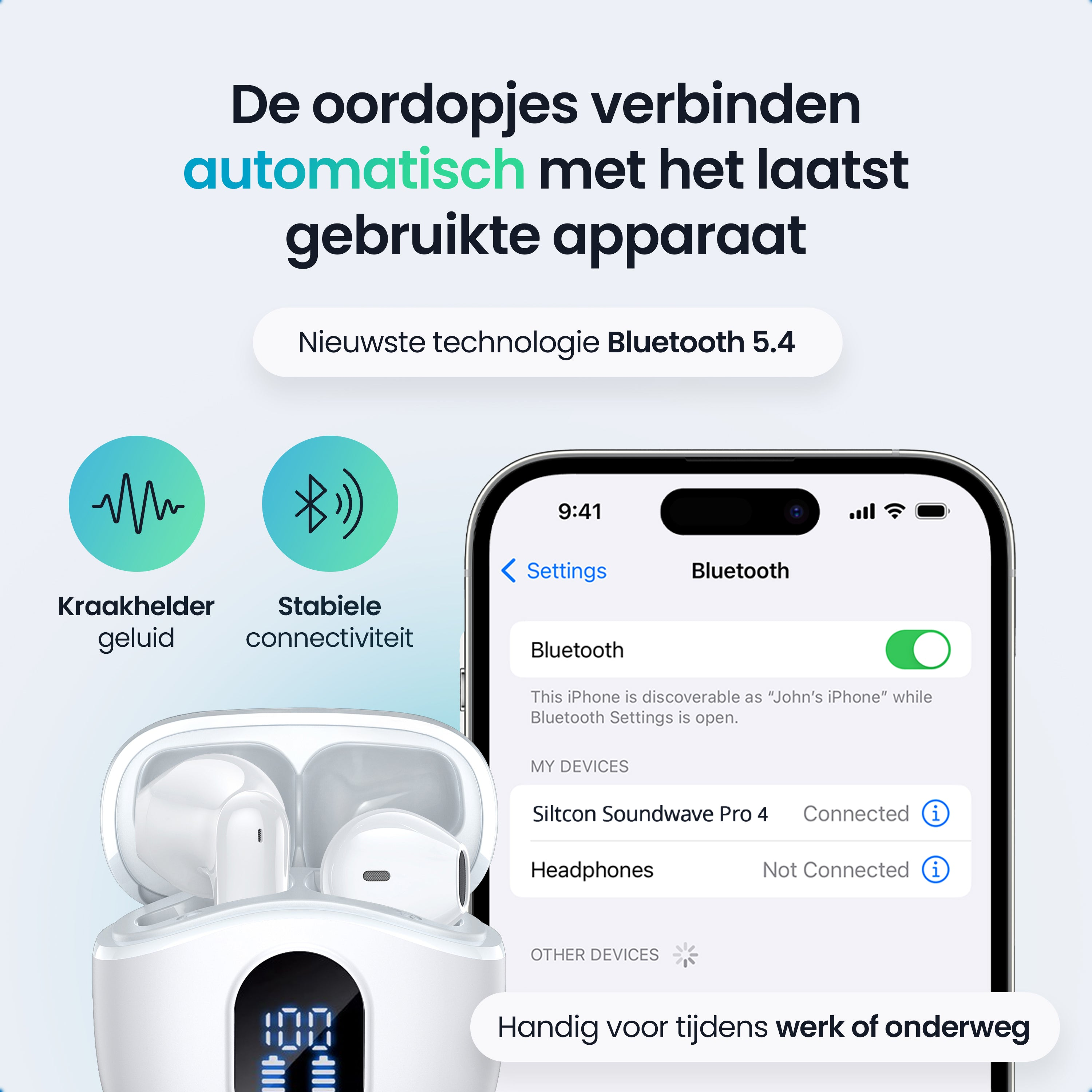 Witte oordopjes met oplaadcase, iPhone-instellingen tonen Bluetooth-verbinding.
