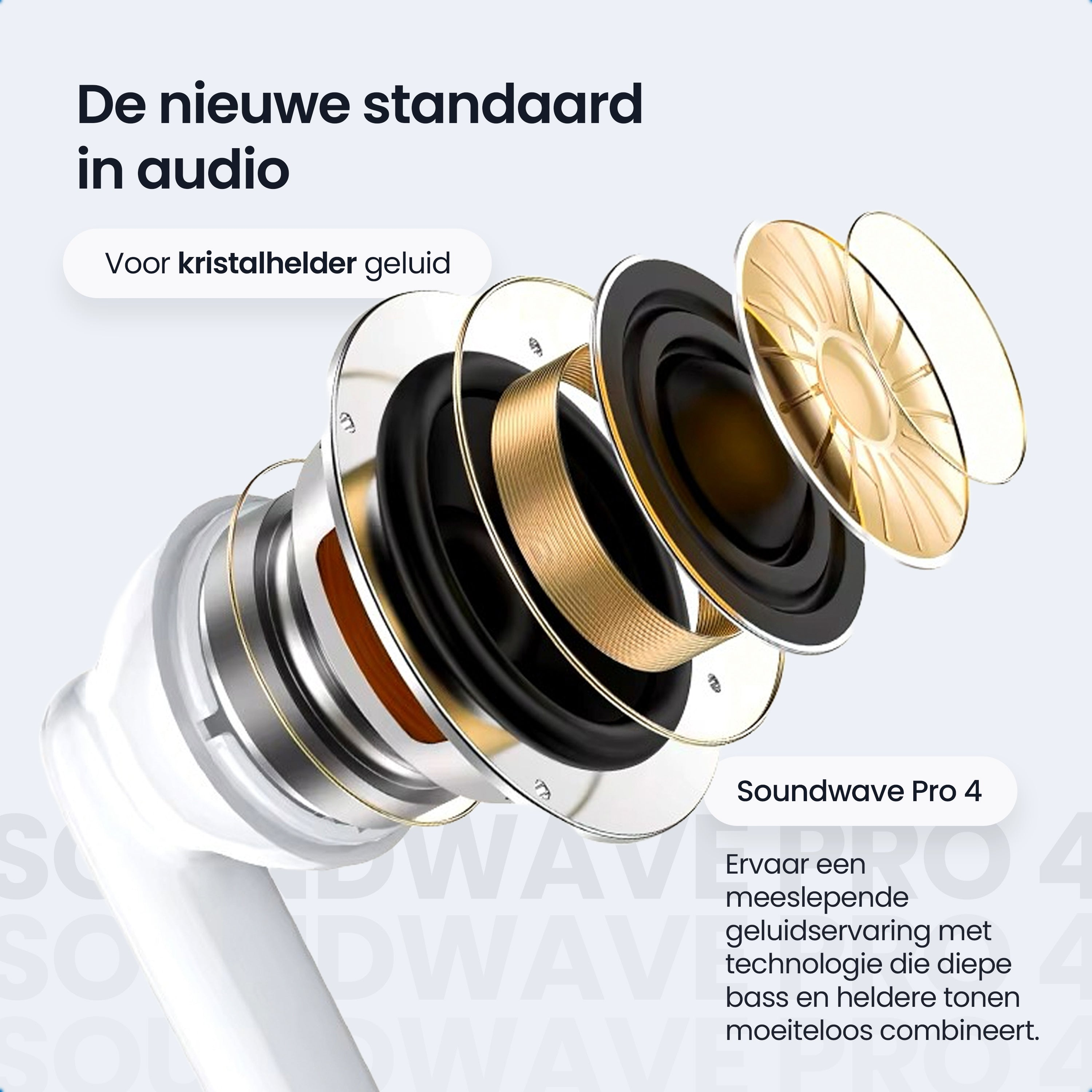 Explosietekening van een witte oordop met interne audiocomponenten.