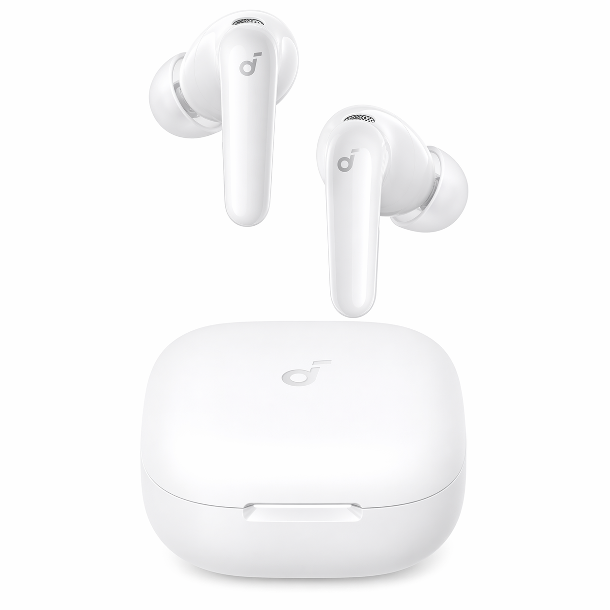 Auricolari wireless bianchi e custodia di ricarica con logo su sfondo bianco.