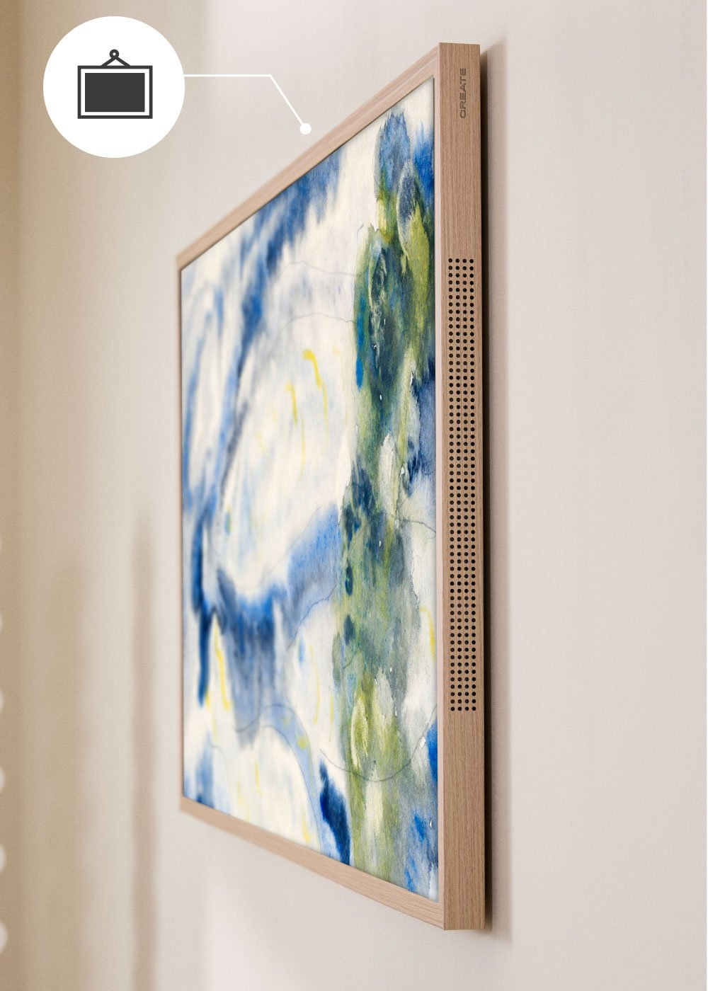 Una obra de arte abstracta enmarcada con salpicaduras de acuarela azul, blanca y verde.