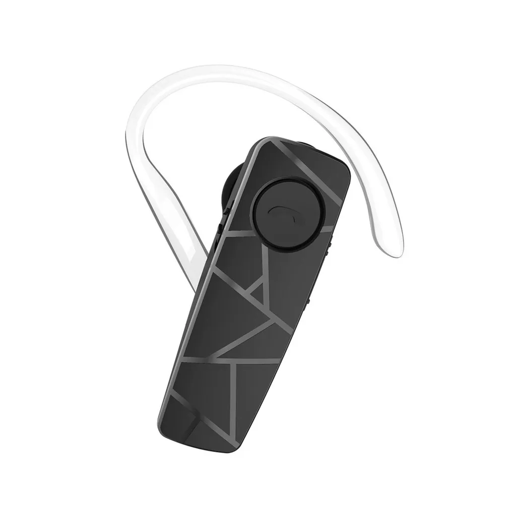 Ein schwarzer Bluetooth-Kopfhörer mit geometrischem Muster und einem durchsichtigen Ohrbügel.