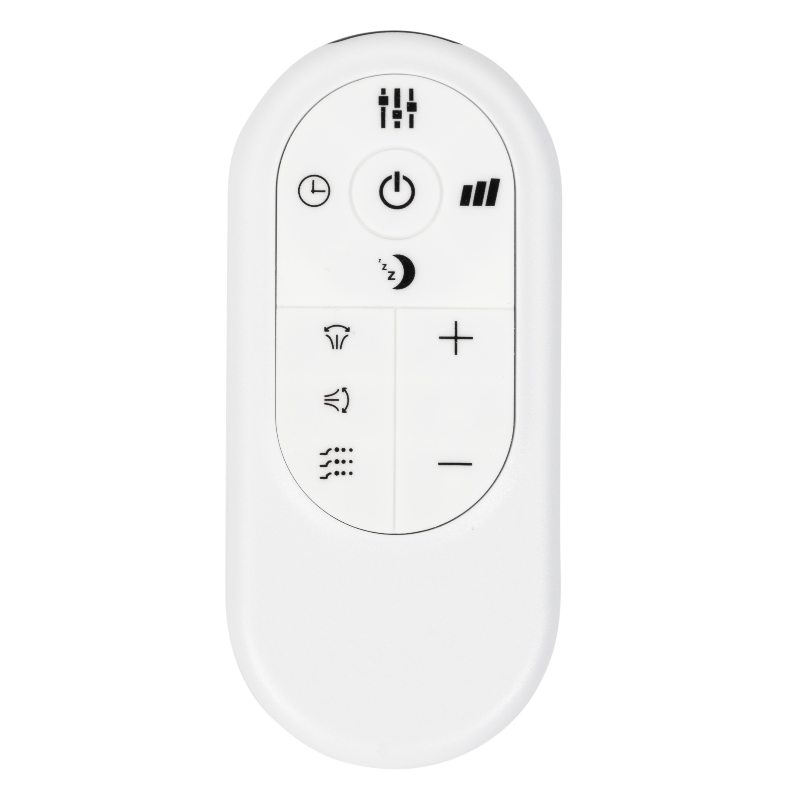 Biały pilot z czarnymi ikonami: zasilanie, timer, tryb uśpienia i ustawienia wentylatora.