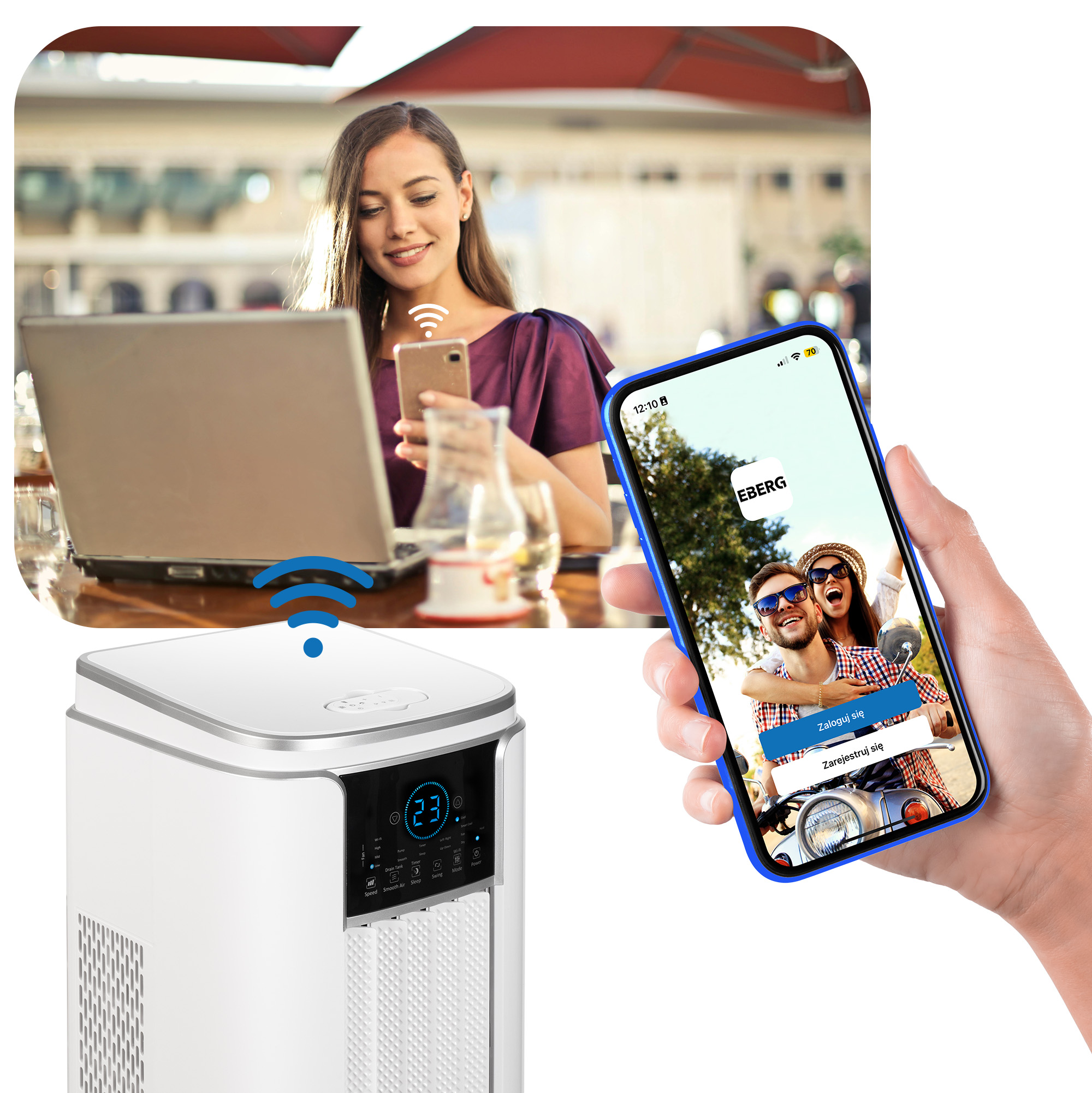 Kobieta używa smartfona, obok klimatyzator i telefon z aplikacją.