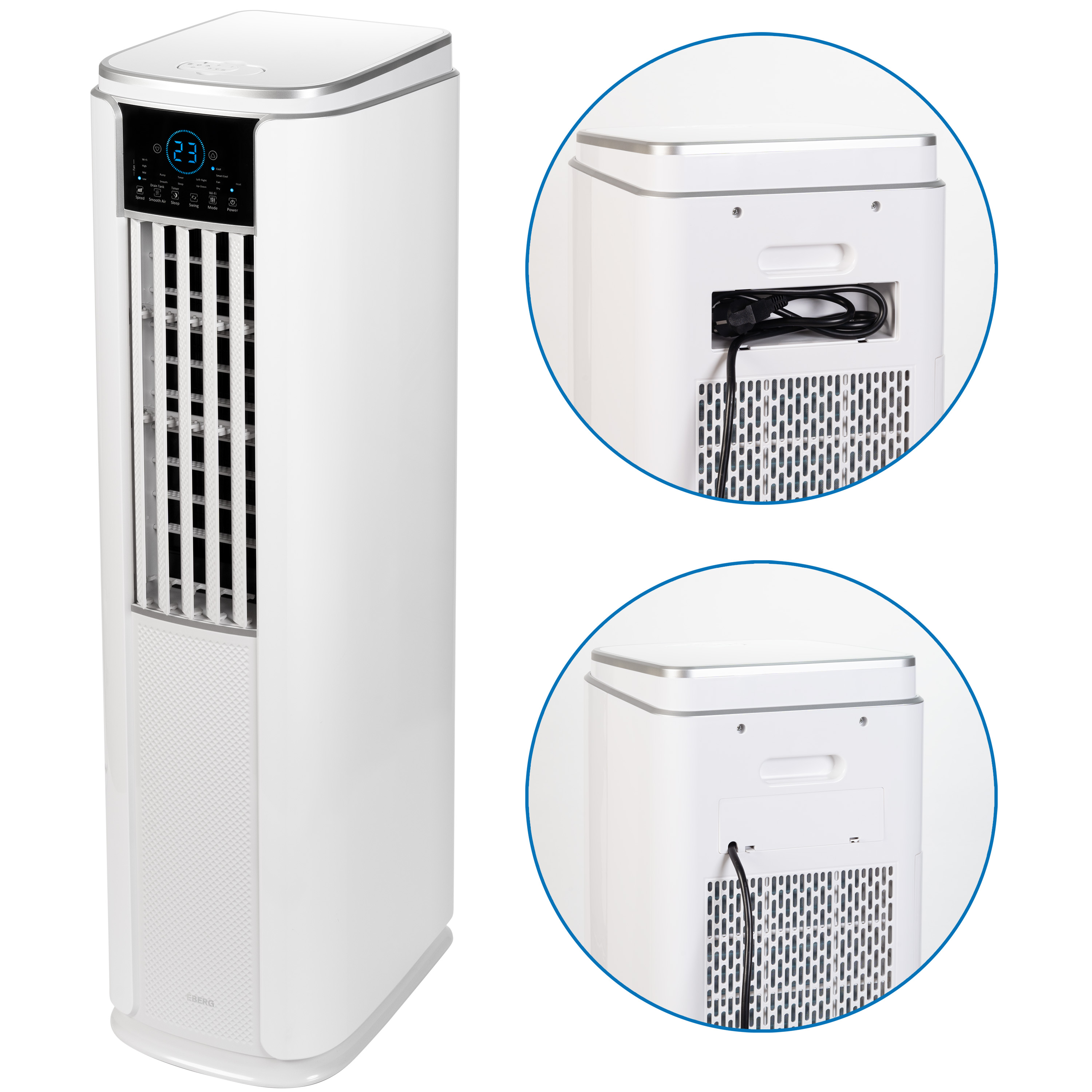 Biały wentylator wieżowy z cyfrowym wyświetlaczem i widokami bocznymi.