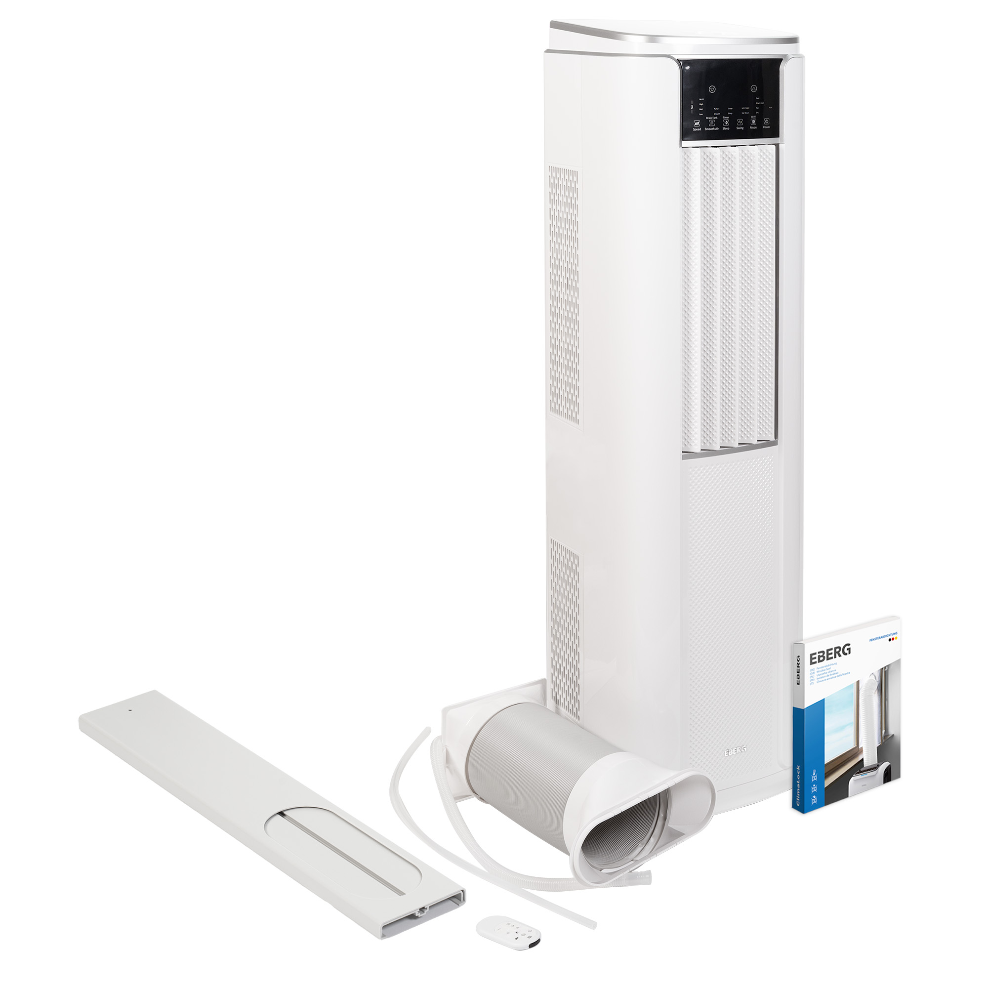 Biała wieżowa chłodziarka powietrza z akcesoriami: wąż, pilot, zestaw okienny.