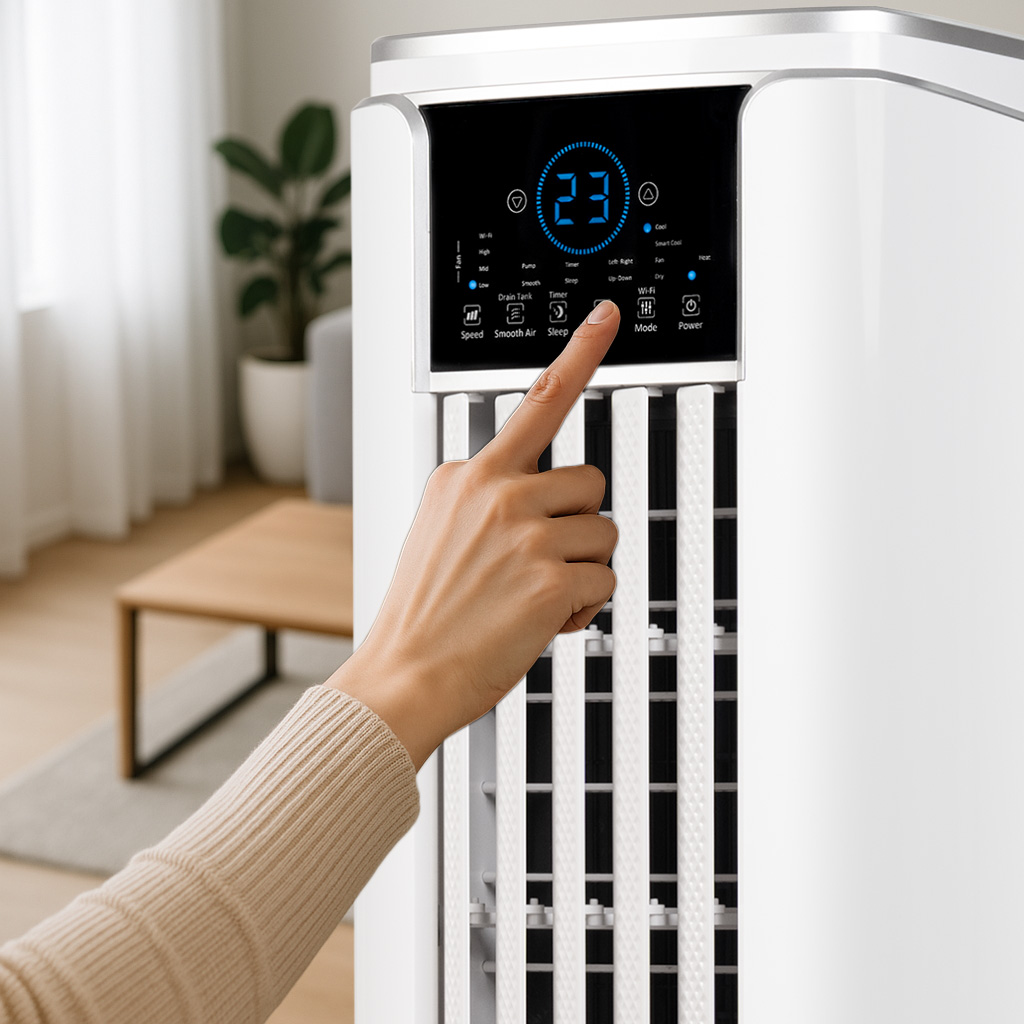 Ręka naciska przycisk na panelu sterowania białej chłodziarki powietrza.