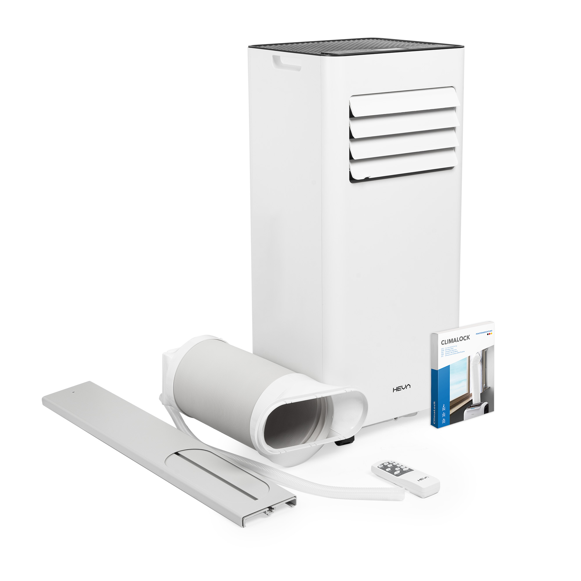 Biała klimatyzacja z akcesoriami: wąż, uszczelka okienna i pilot.