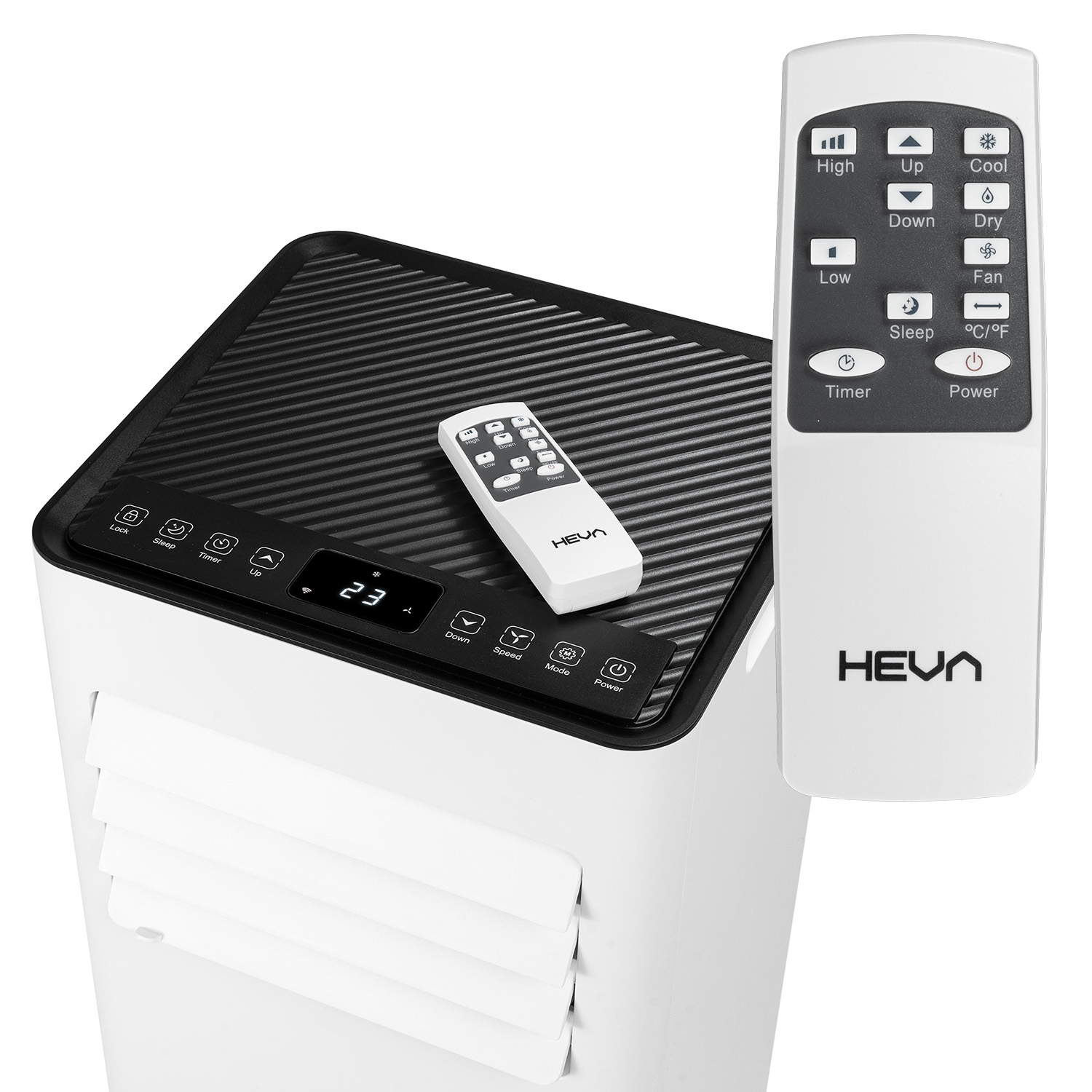 Biała chłodziarka powietrza z pilotem leży na karbowanej powierzchni.