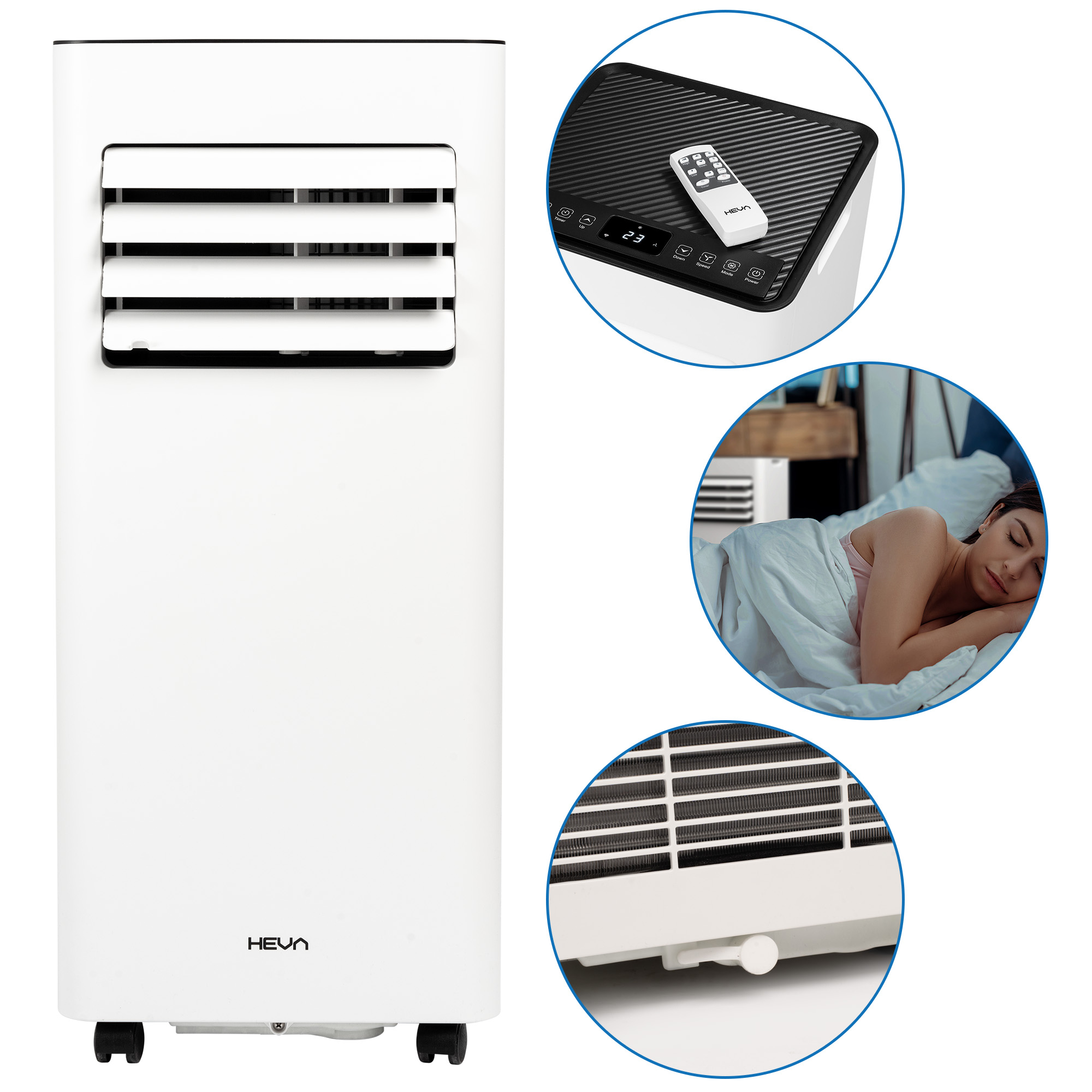 Biała wieża przenośnego klimatyzatora z otworami wentylacyjnymi i pilotem.