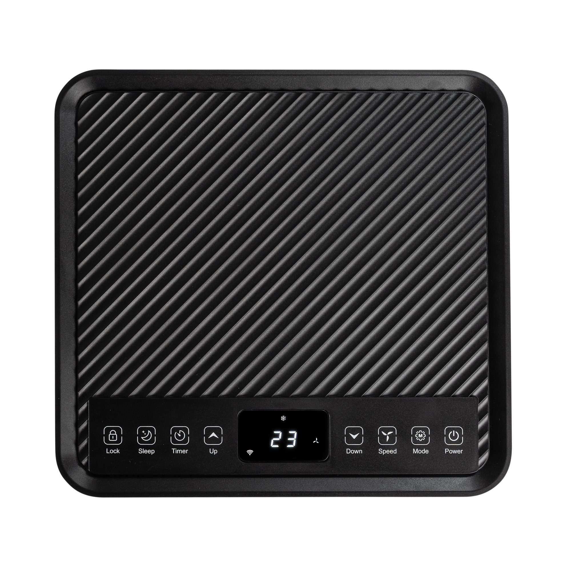 Czarne urządzenie z prążkowaną powierzchnią i cyfrowym wyświetlaczem 23.