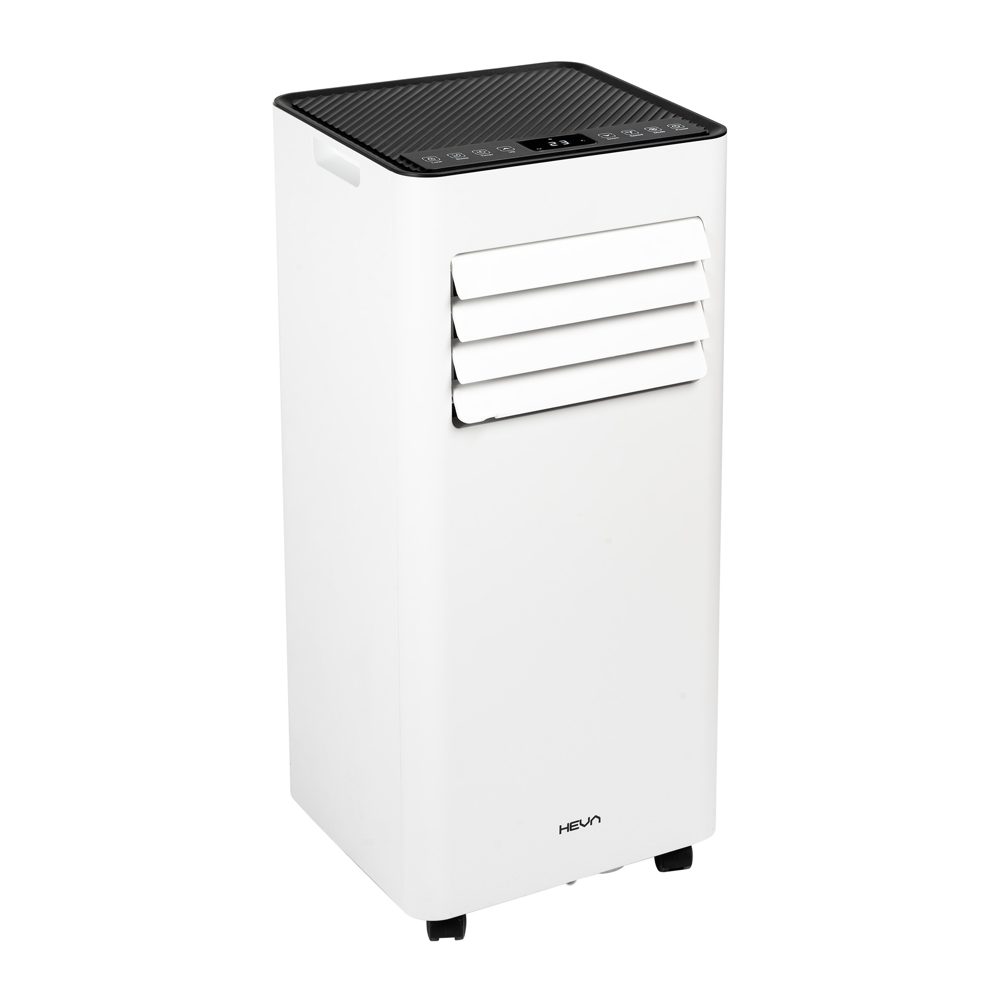 Biała przenośna klimatyzacja z czarną kratką i żaluzjami.