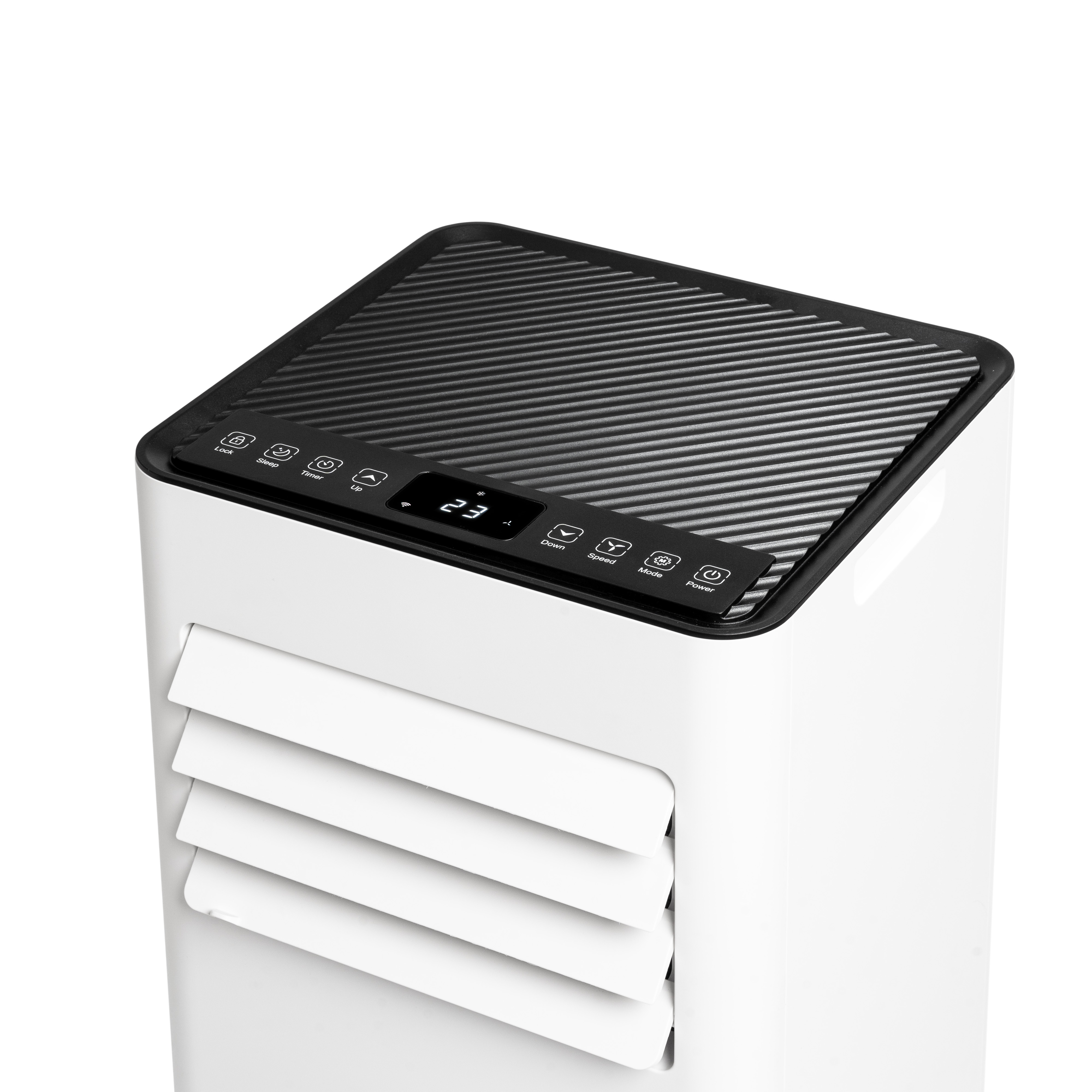 Biała chłodziarka powietrza z czarnym prążkowanym blatem i ikonami.