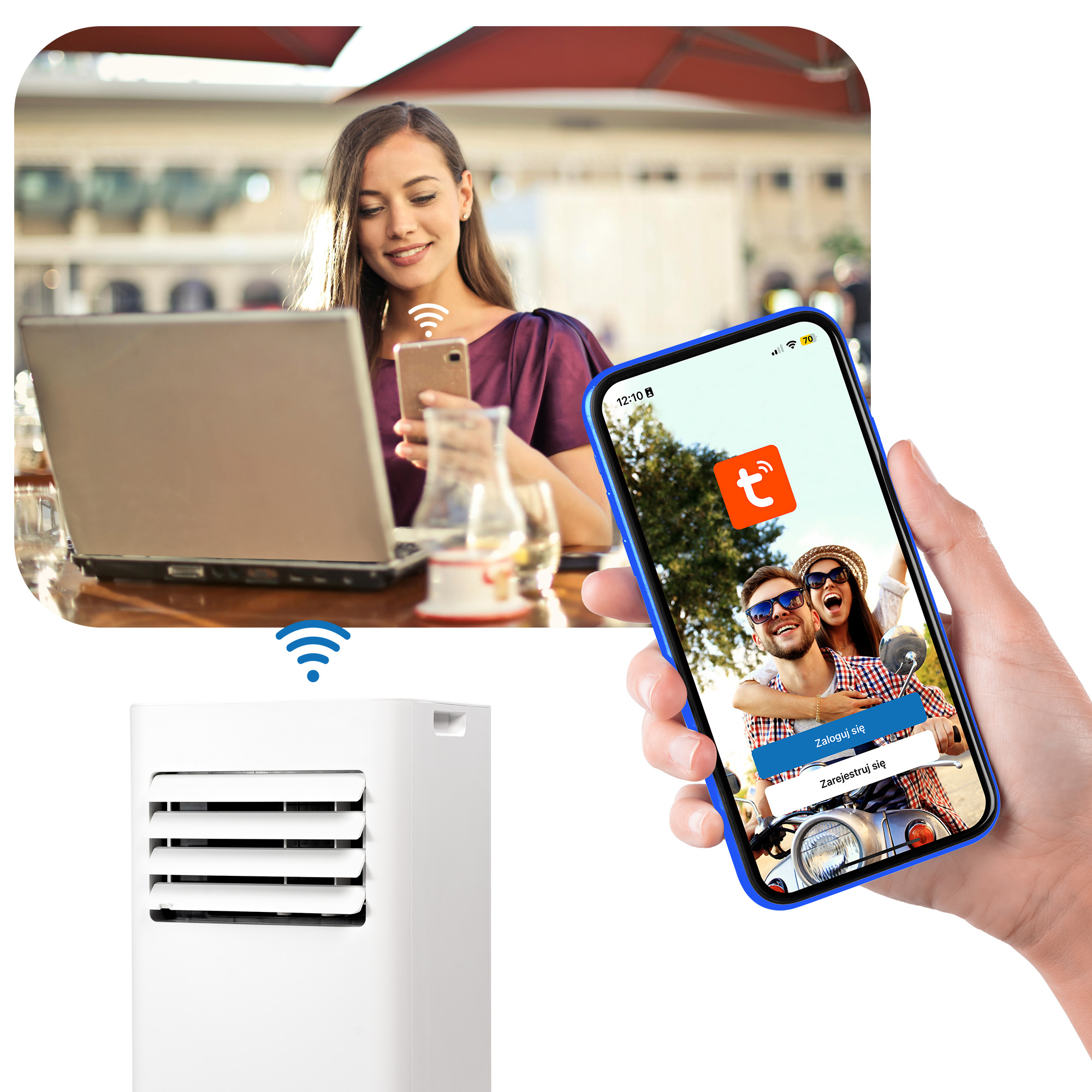 Kobieta ze smartfonem i laptopem, obok białego urządzenia.