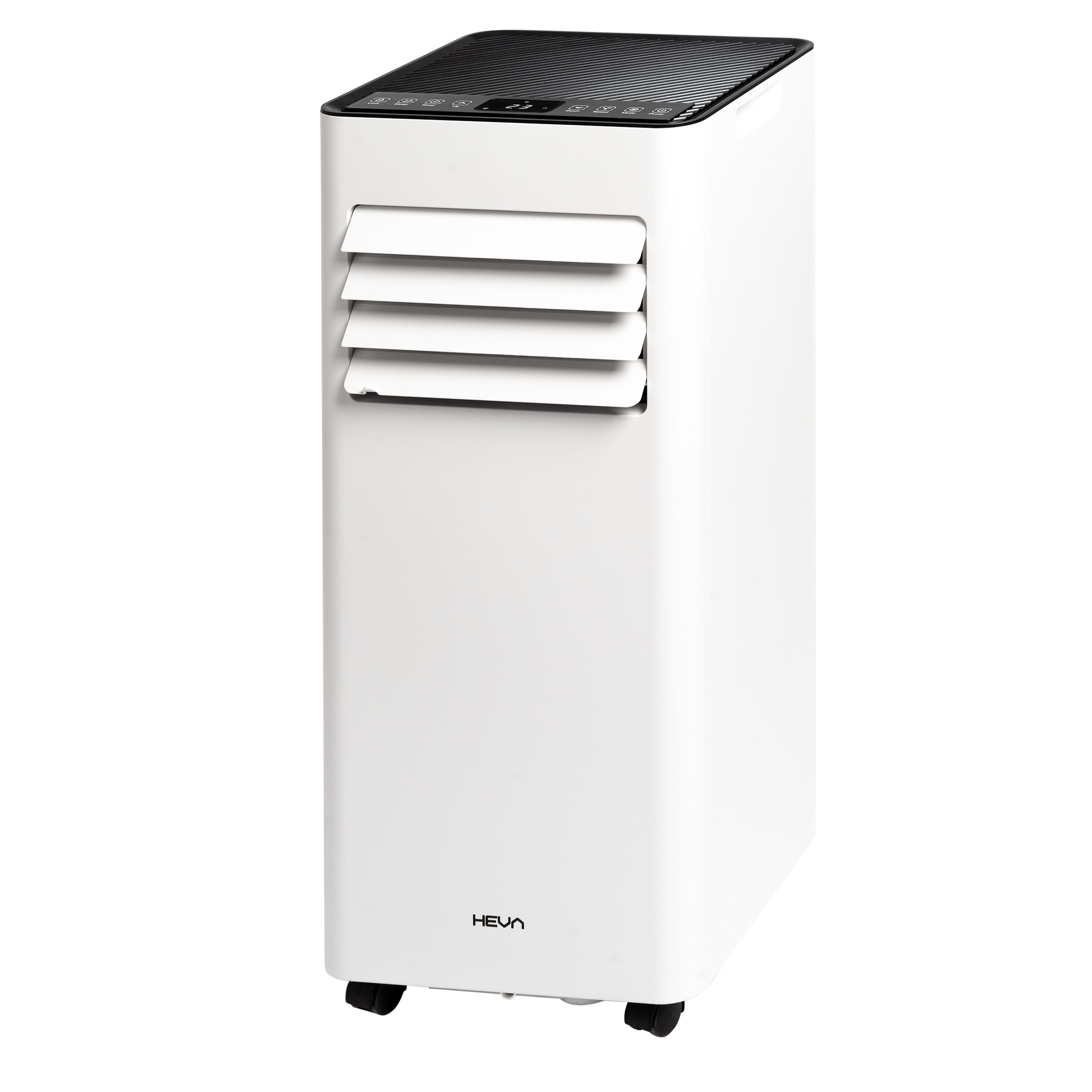 Biała wieża przenośnego klimatyzatora z czarnym blatem i kółkami.