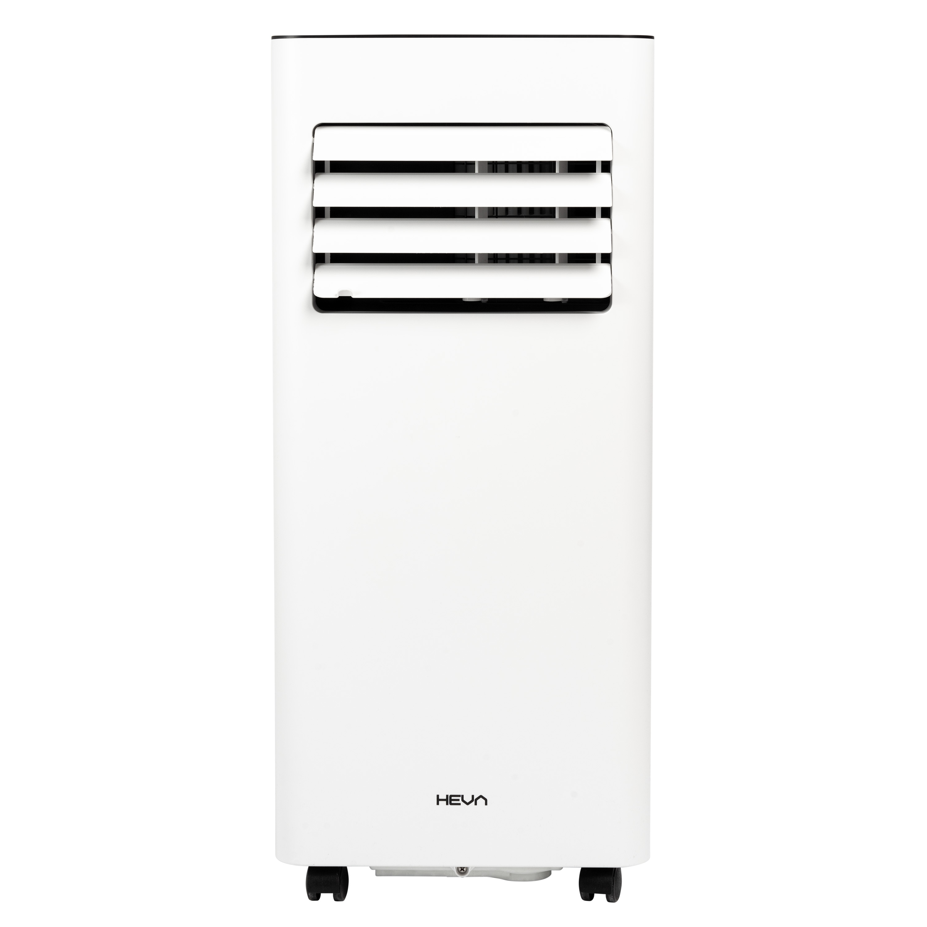 Biała przenośna jednostka klimatyzacyjna z otworami wentylacyjnymi na górze i kółkami na dole.