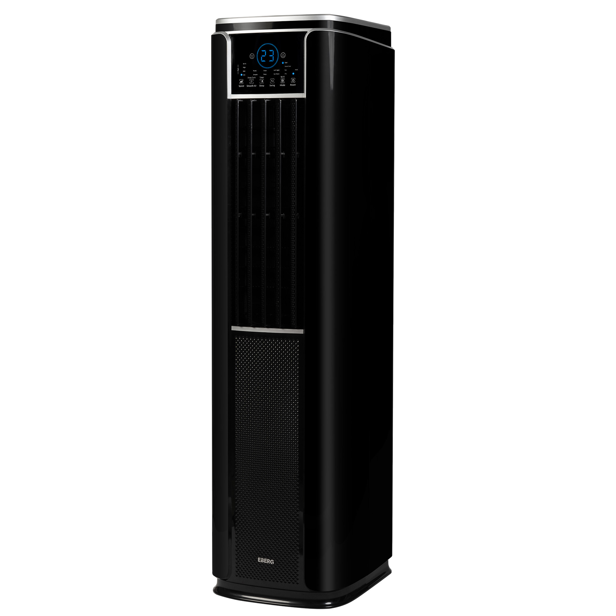 Elegancki, czarny wentylator wieżowy z cyfrowym wyświetlaczem i szczelinami.