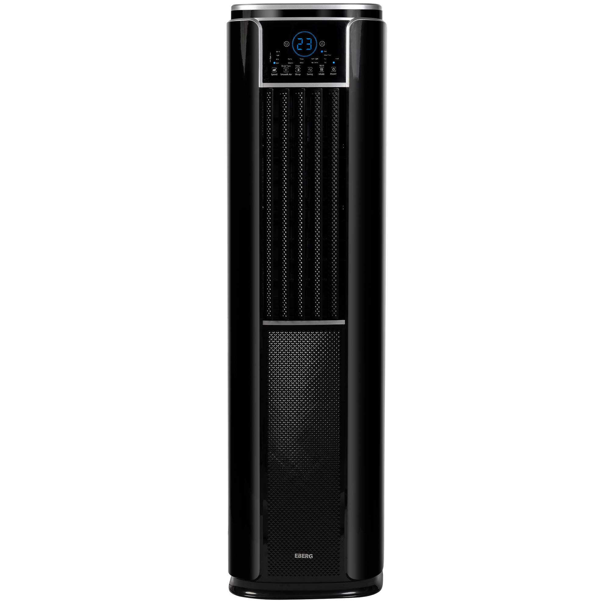 Czarny wentylator wieżowy z cyfrowym wyświetlaczem pokazującym 23°C.