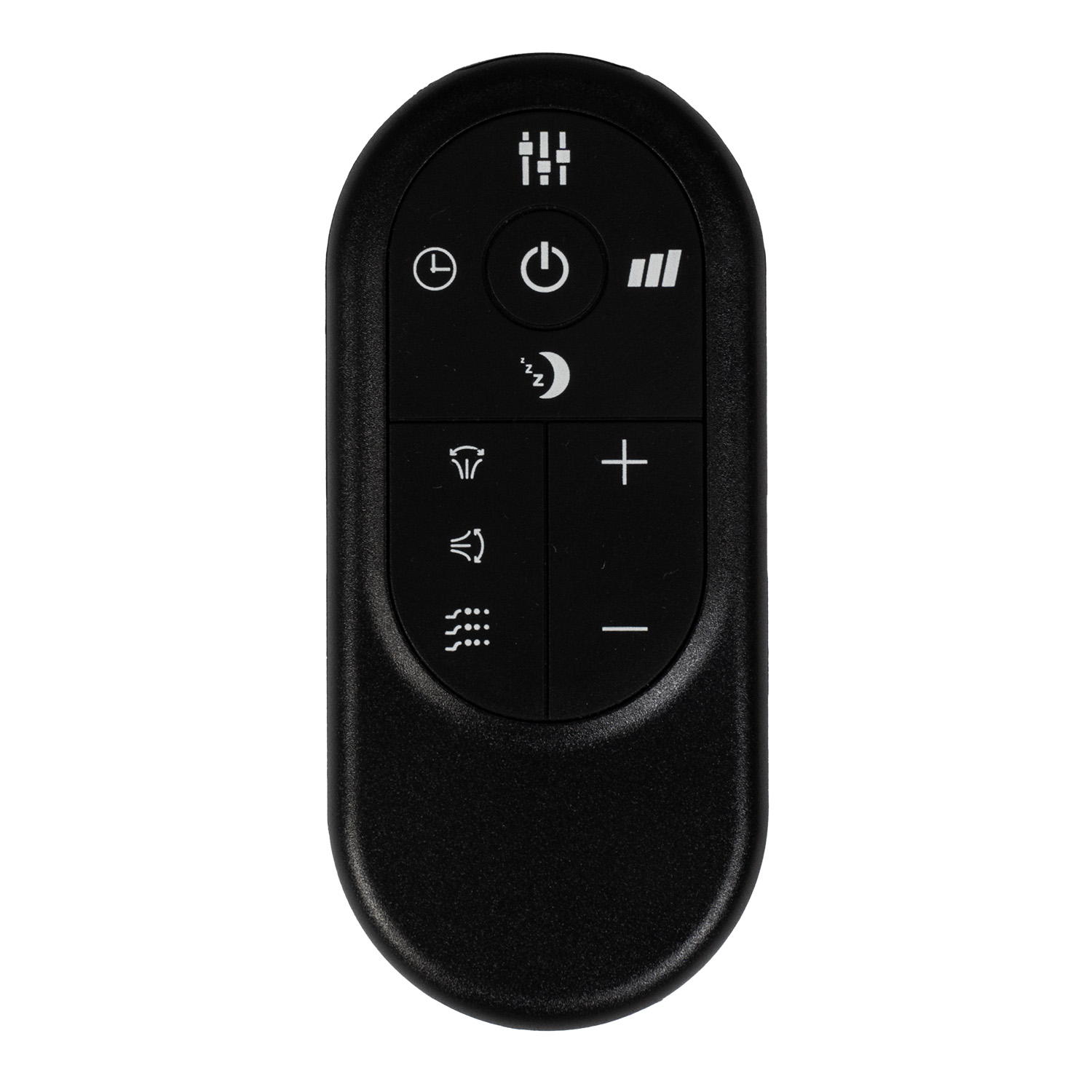 Czarny pilot z przyciskami do ustawiania czasu, zasilania, prędkości wentylatora i trybu uśpienia.